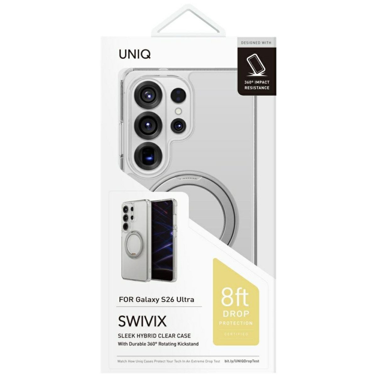 UNIQ Handyhülle Swivix 360 drehbarer Ständer für Samsung Galaxy S26 Ultra Transparent 6,9 Zoll, Metallring dient als Ständer und Haltehilfe zugleich