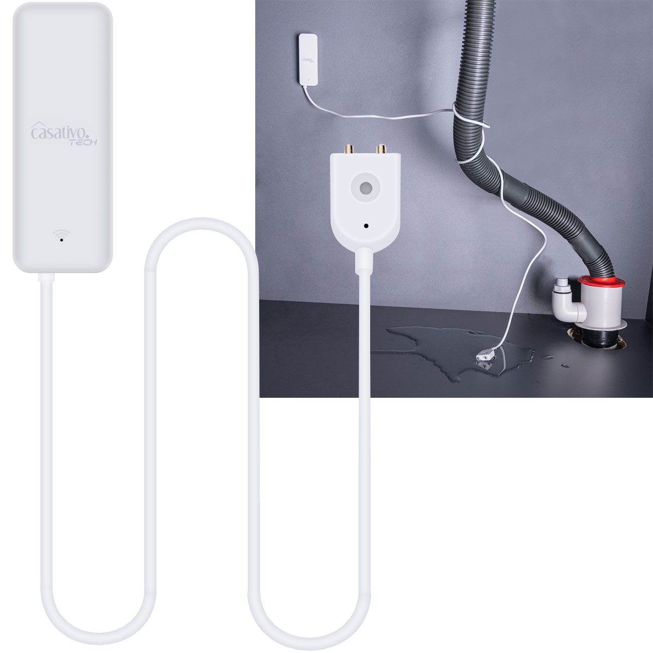 Casativo WLAN-Steckdose Smarter WLAN-Wassermelder Tuya & SmartLife App-Alarm externer Sensor, 1-St., 1er-Set & 2er-Set & 3er-Set, Externer Sensor, App-Alarm, WLAN-fähig, Batteriebetrieb