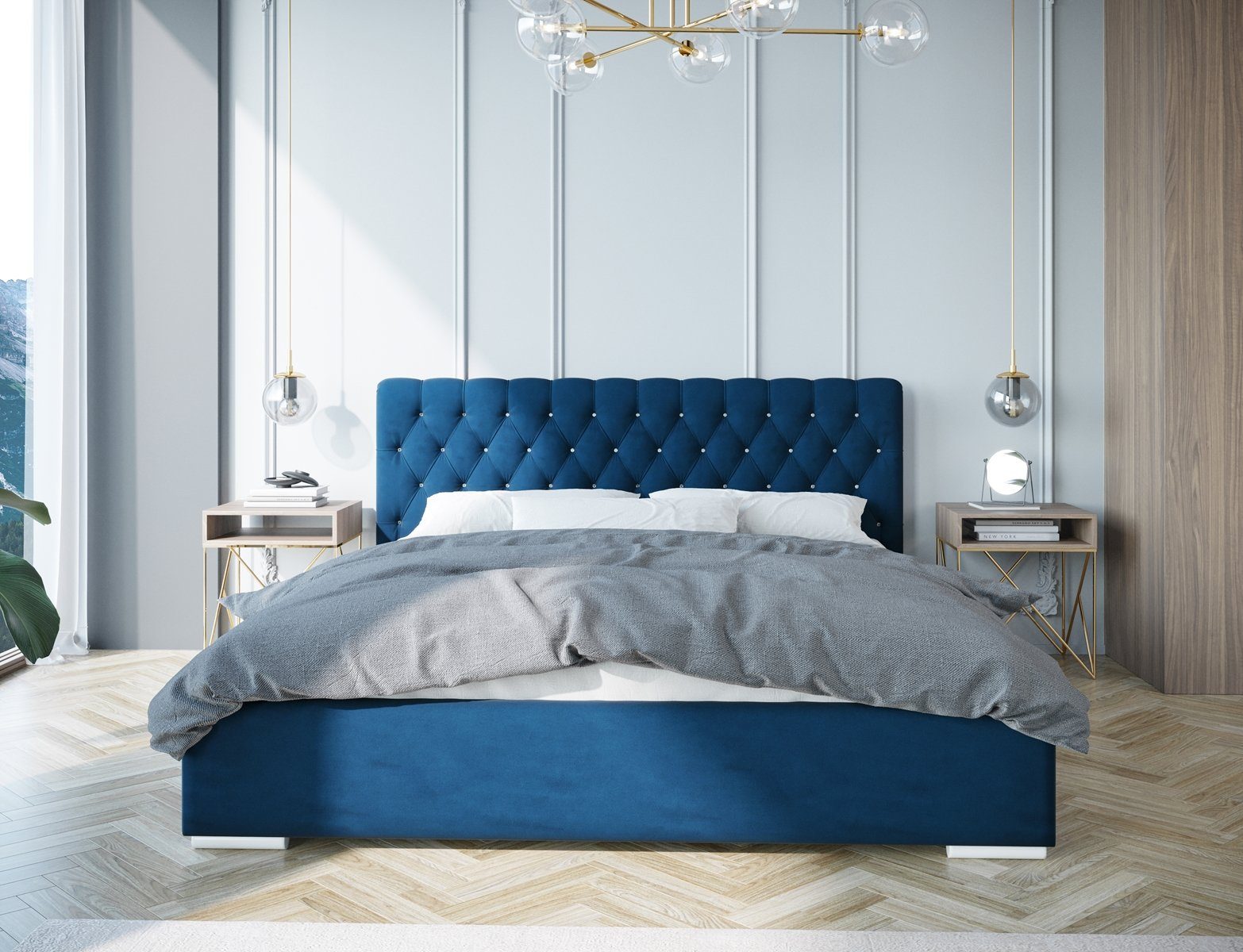 Beautysofa Boxspringbett KLAUS (Bett, Doppelbett), komfortable Liegehöhe, Lattenrost, mit Holzgestell auf Gasflaschen Marineblau (kronos 09)