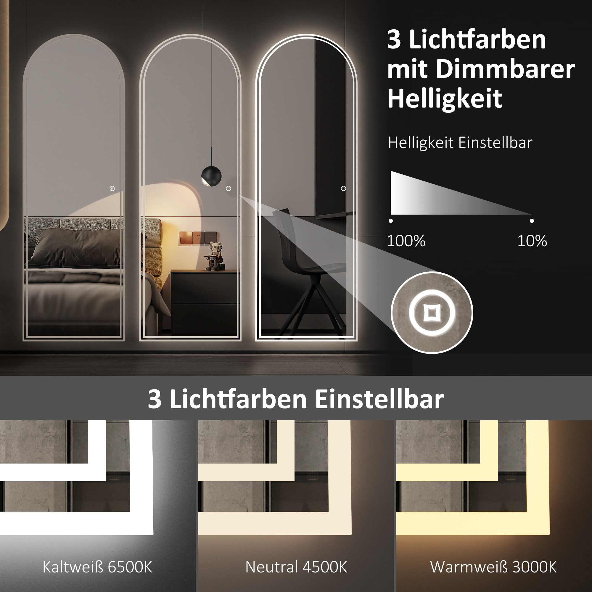 WDWRITTI Ganzkörperspiegel Led 165x60 150x50 Wandspiegel groß mit beleuchtung Bogen asymmetrisch (Spiegel Flur Ganzkörper 165x65 145x60, 3Lichtfarben, Speicherfunktion, Dimmbar), Energiesparend, 5mm HD Umweltfreundlicher Spiegel