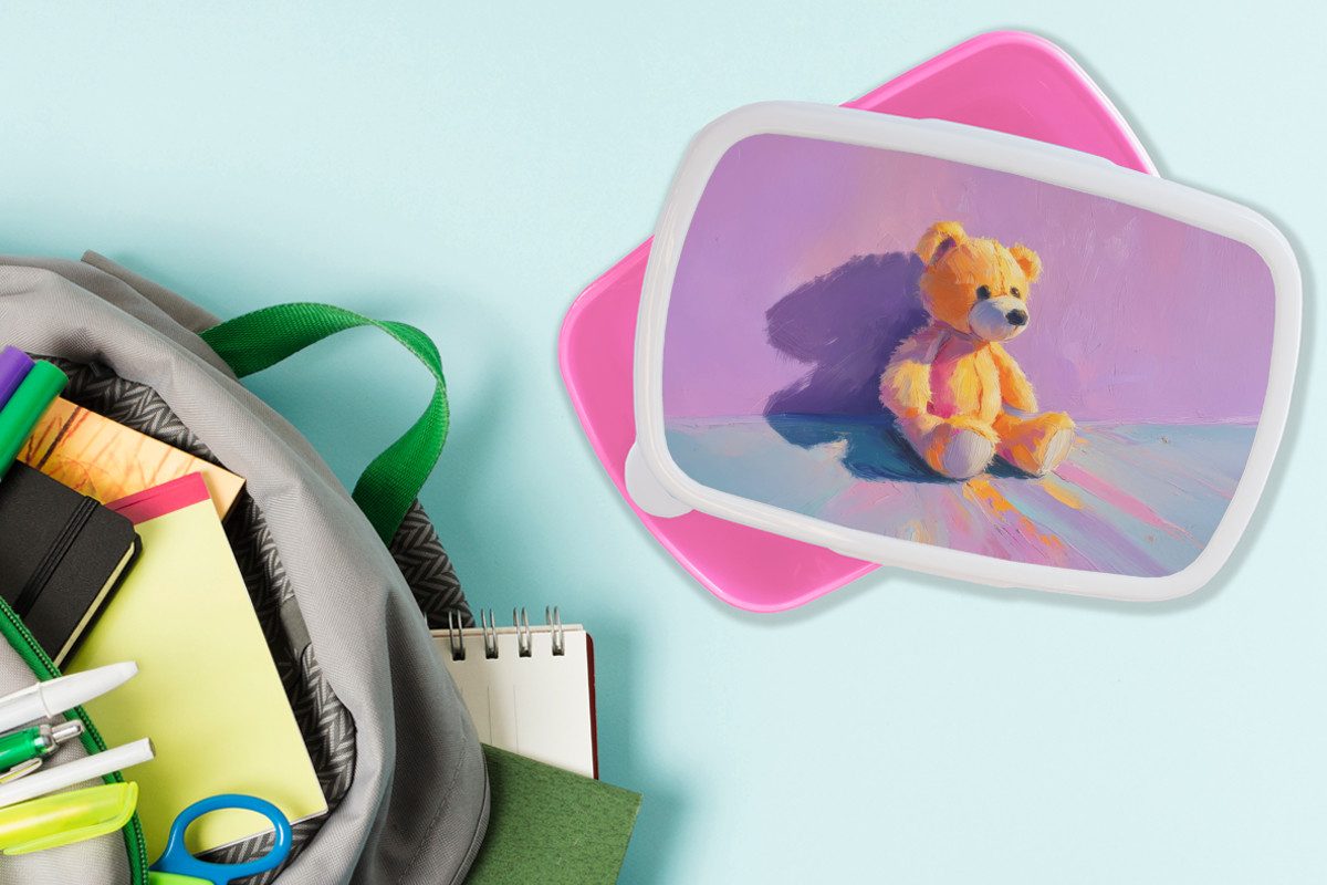 MuchoWow Lunchbox Teddybär - Schatten - Pinselstriche - Lila, Kunststoff, (2-tlg), Brotdosen, Lunch Box, Brotbox für Kinder und Erwachsene