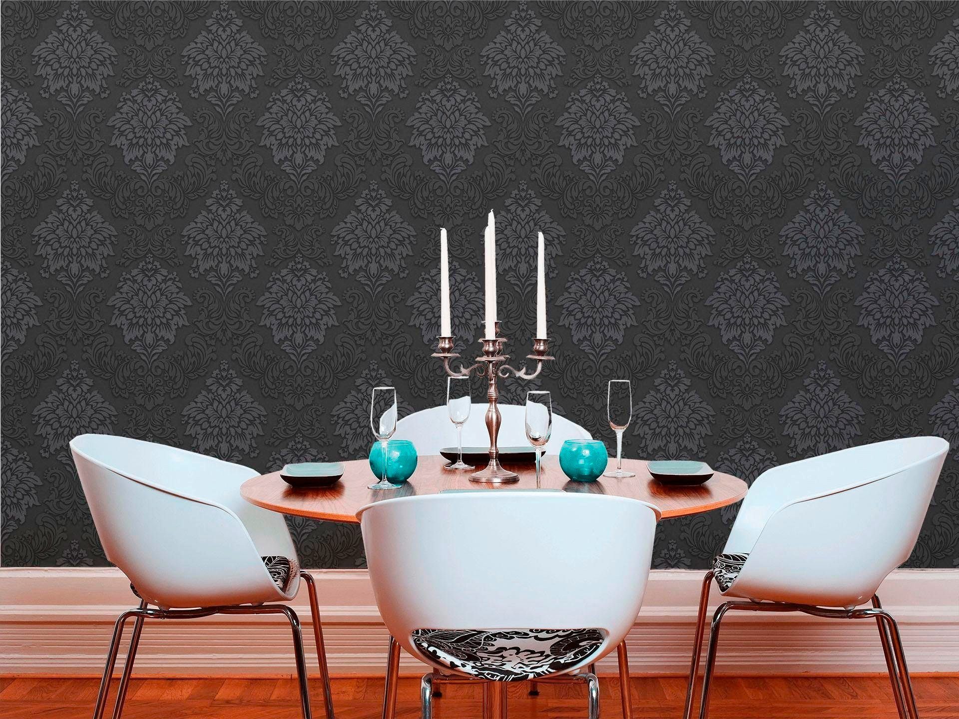 Bricoflor Barock Tapete mit Glitzer Effekt Neobarock Vliestapete in Schwarz günstig online kaufen