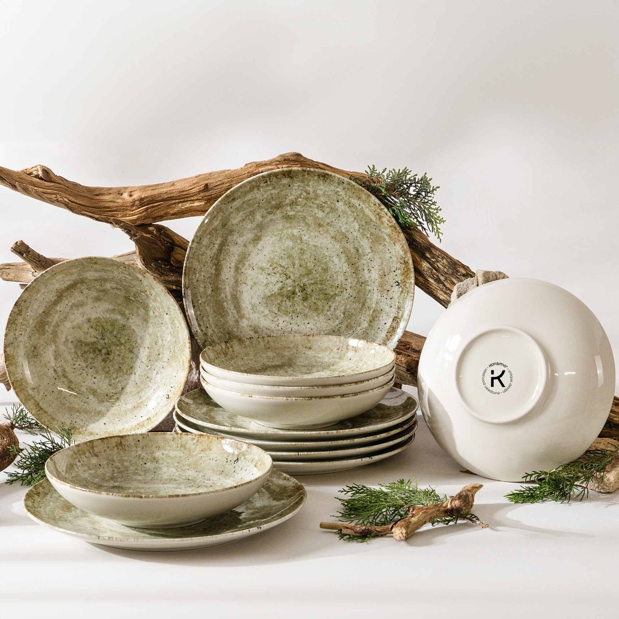 KONSIMO® Tafelservice ERATO Geschirr-Set, hergestellt in der EU, (12-tlg), 6 Personen, Porzellan, spülmaschinengeeignet, mikrowellengeeignet, Rundform, Hartporzellan