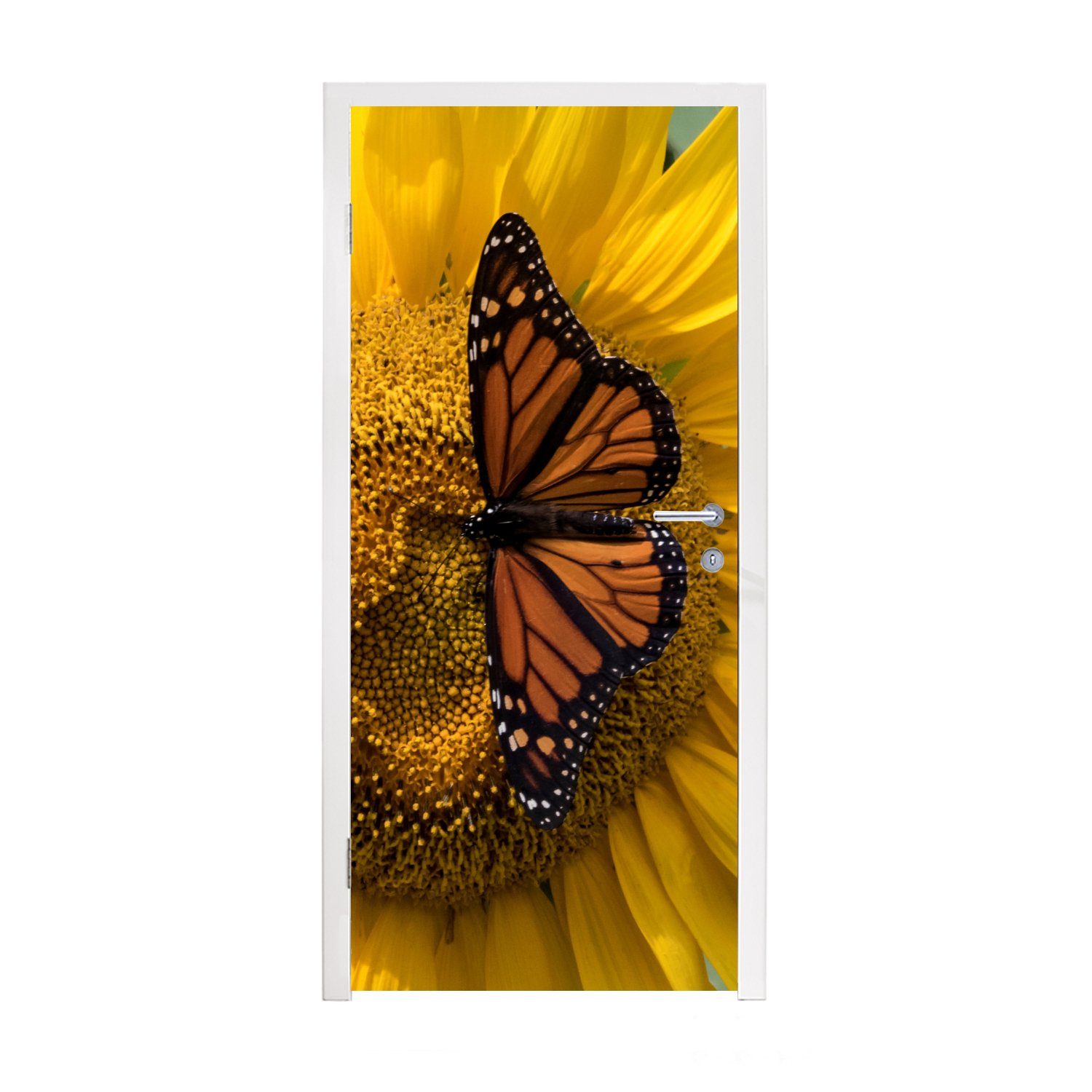 MuchoWow Türtapete Sonnenblume - Schmetterling - Frühling, Matt, bedruckt, (1 St), Fototapete für Tür, Türaufkleber, 75x205 cm