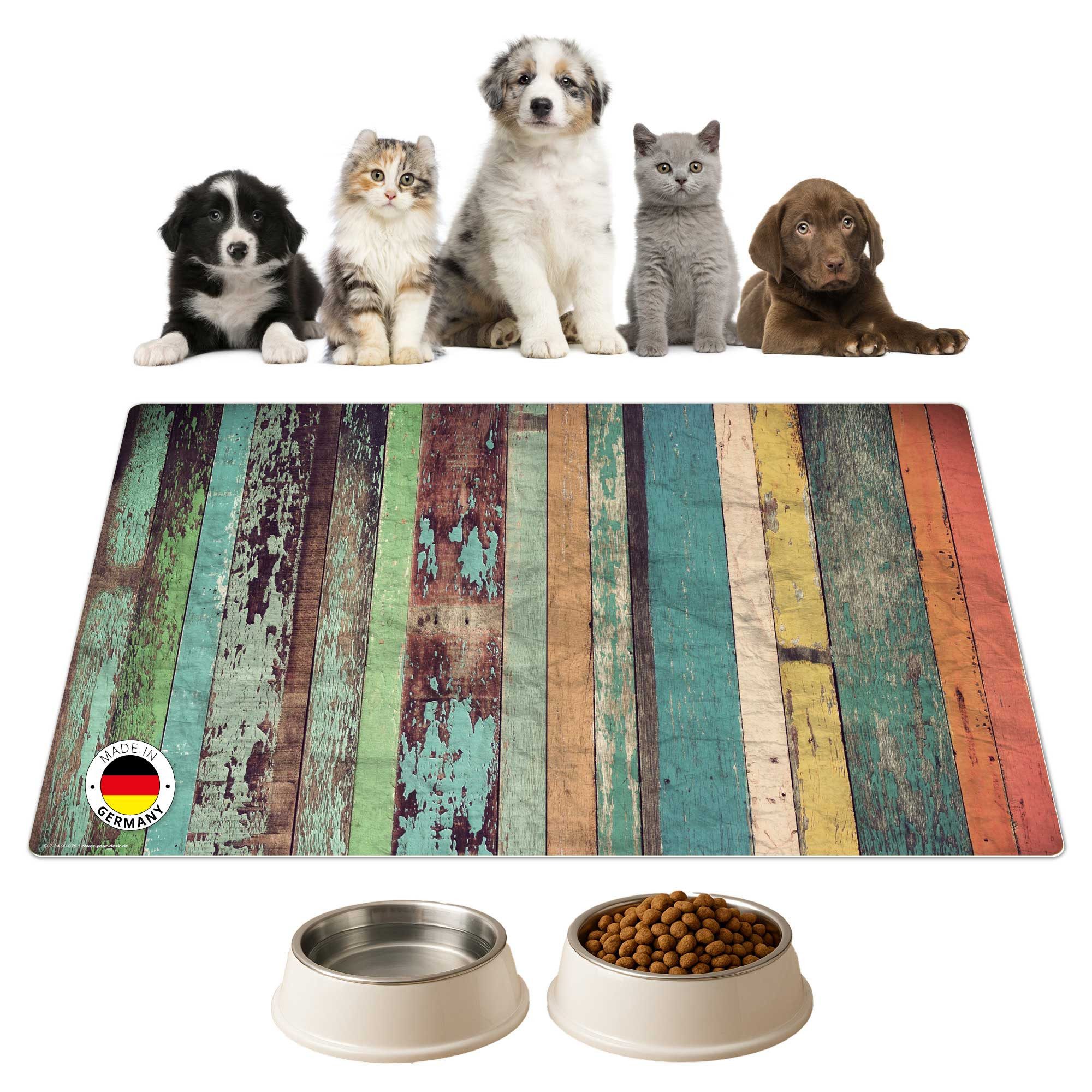 cover-your-desk.de Napfunterlage für Hunde & Katzen „Verwittertes Holz in bunten Farben “, 1-St., rutschhemmend, abwaschbar, reißfest, Made in Germany