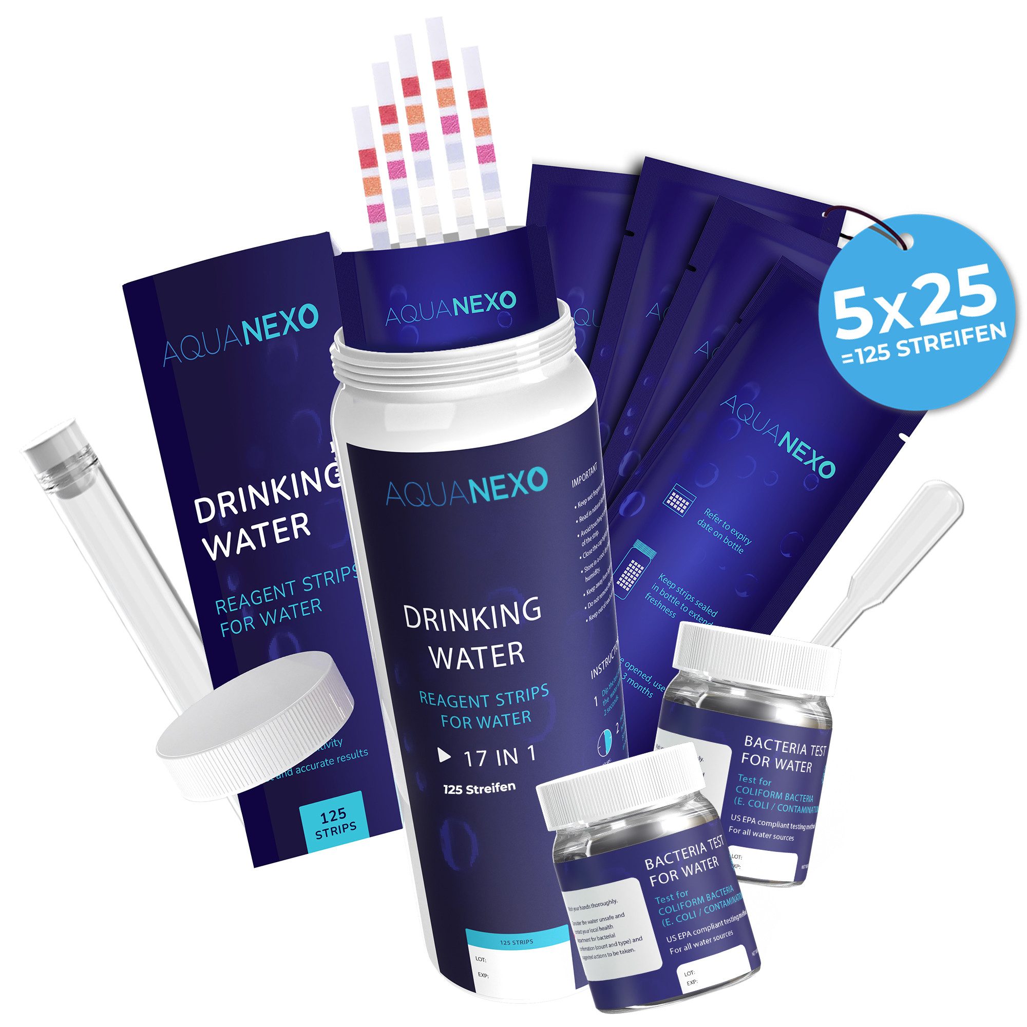 AquaNexo Trinkwassertest Teststreifen 16-in-1 125x + 2 Bakterientests inkl. Pipette/Reagenzglas