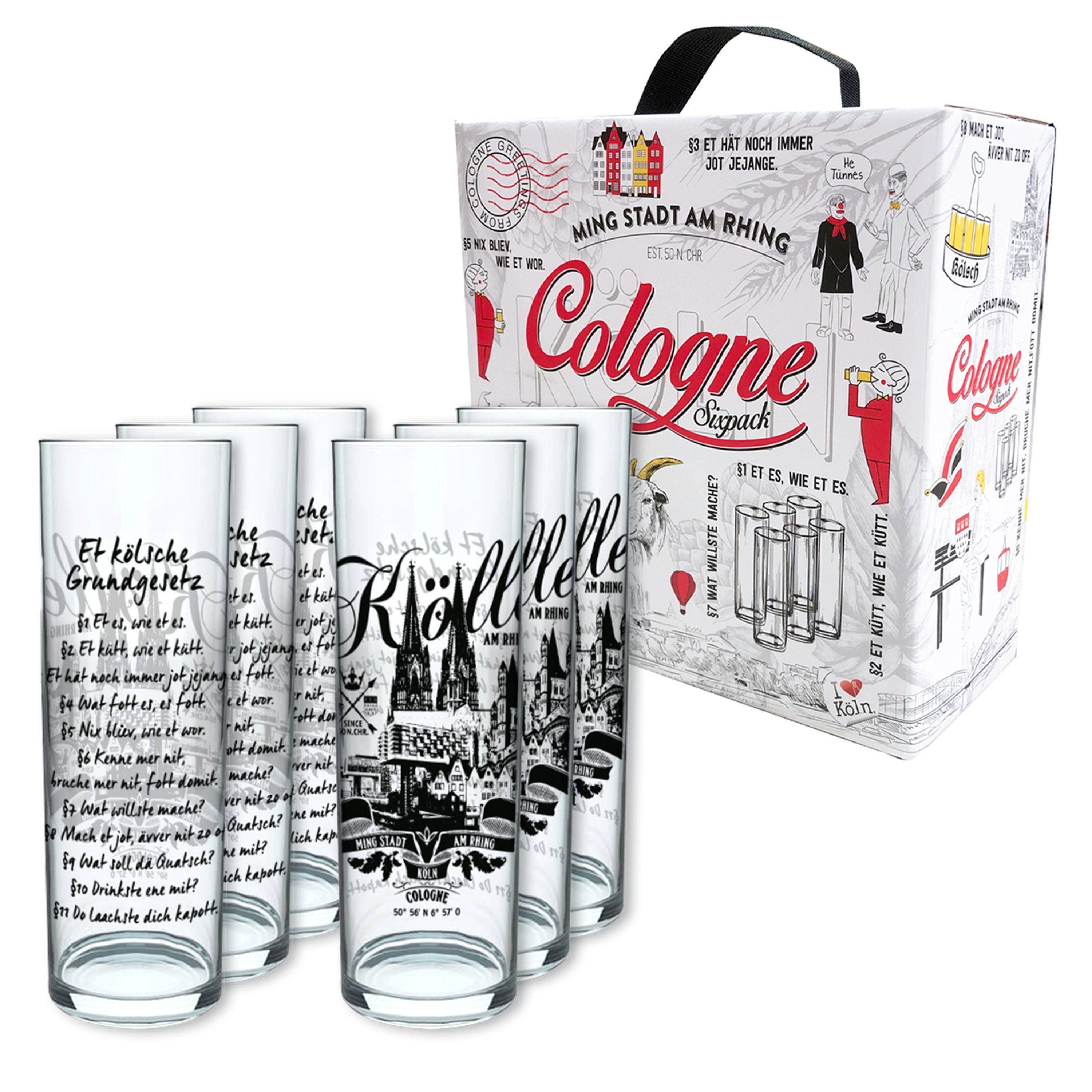 Bierglas 3forCologne Kölschglas 6er Pack je 0,2ml Kölsche Grundgesetz & Ming Stadt Biergläser, Kölner-Stangen, Trinkgläser