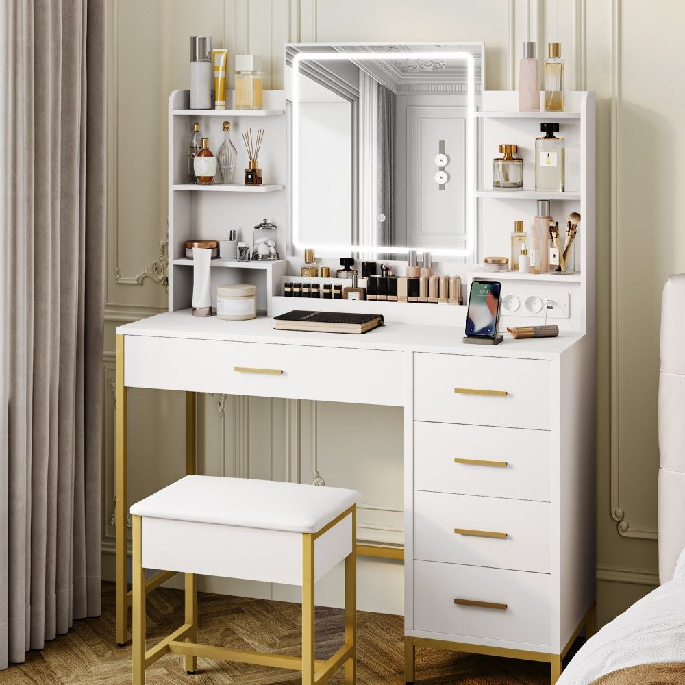 Schminktisch mit Hocker, Spiegel,LED-Leuchten, Steckdose und USB, 5 Schubladen
