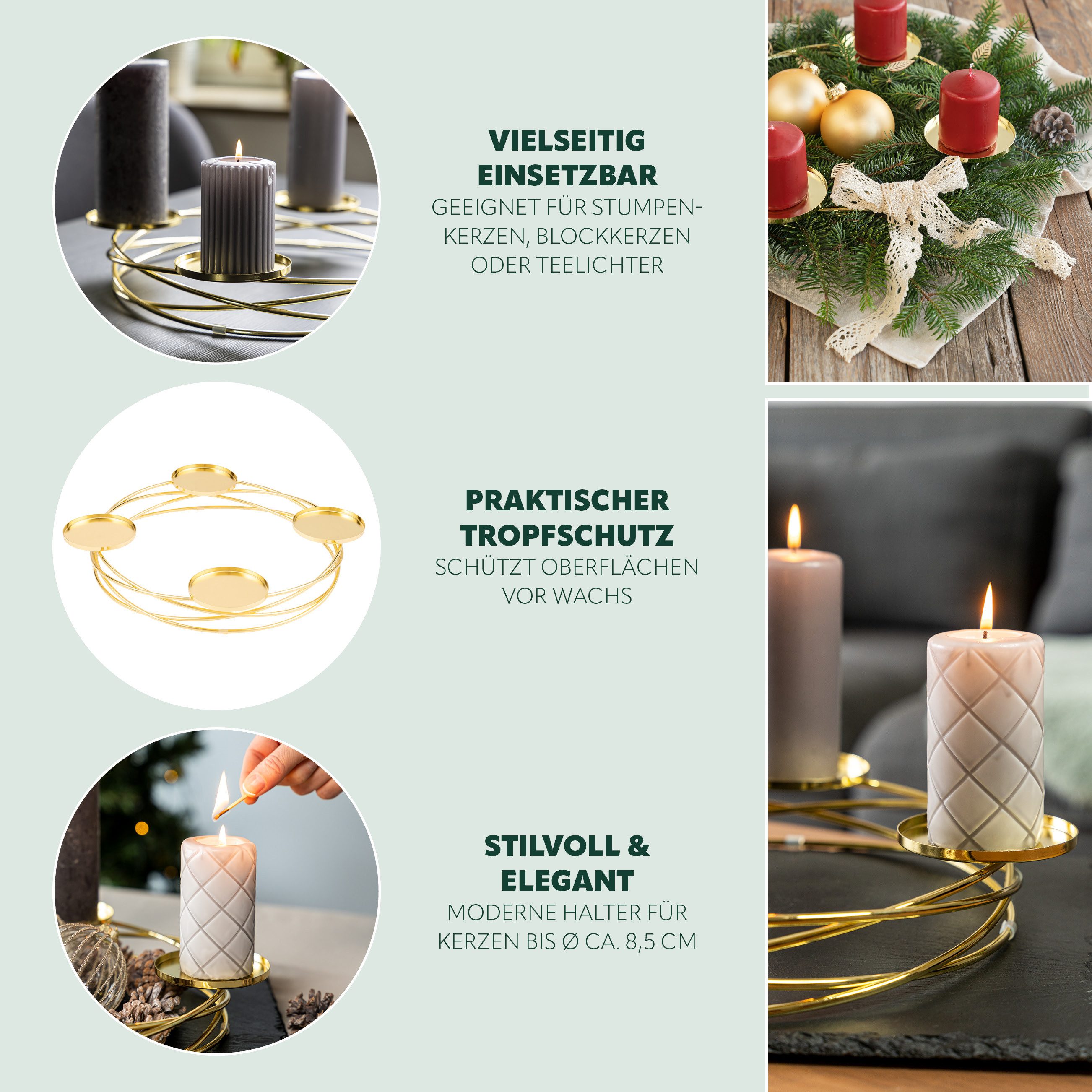 bremermann Kerzenhalter in Kranzform, für Stumpenkerzen, Kerzenständer gold