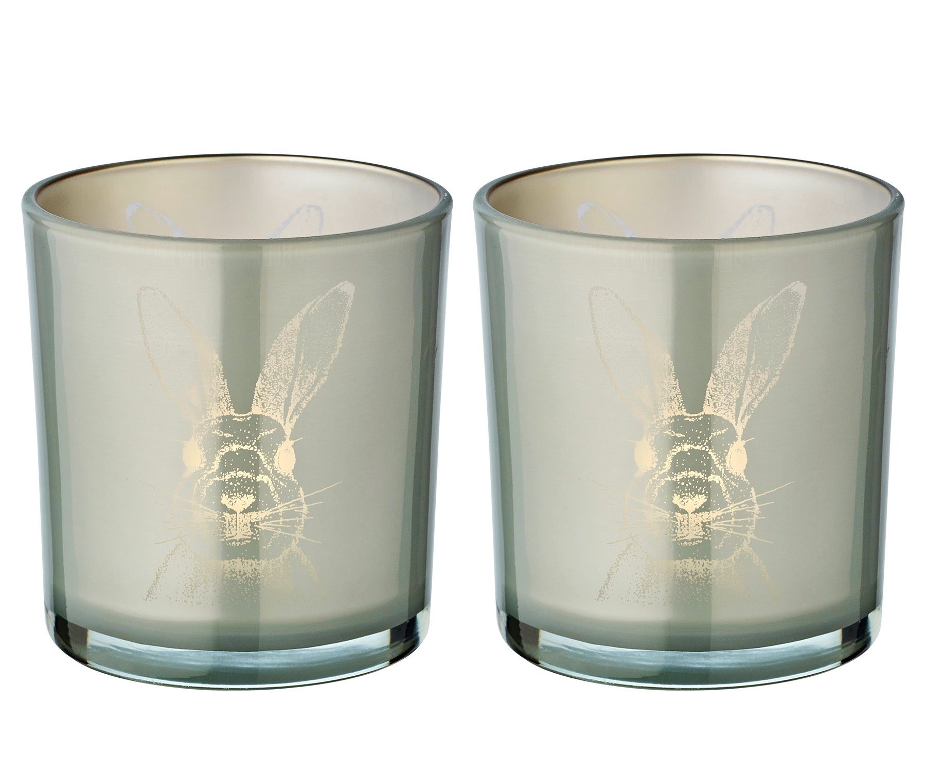 EDZARD Windlicht Hase (Set, 2er), Höhe 8 cm, Ø 7,5 cm, Windlicht, Kerzenglas mit Hasen-Motiv in gräulicher Optik, Teelichtglas für Teelichter