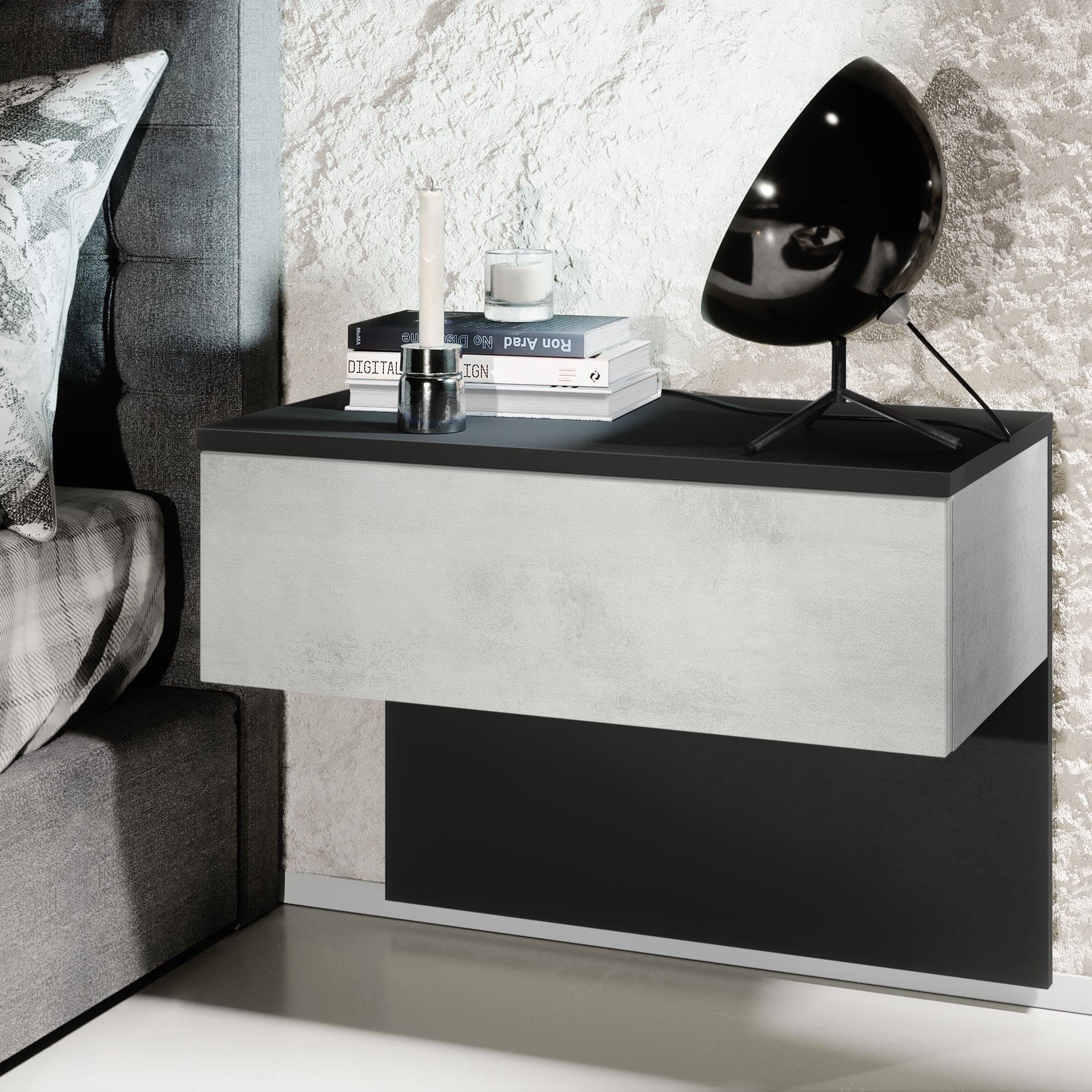 Vladon Nachttisch Sleep (Nachttischschrank, mit Schublade zur Wandmontage), Schwarz matt/Beton Oxid Optik (60 x 46 x 35 cm)