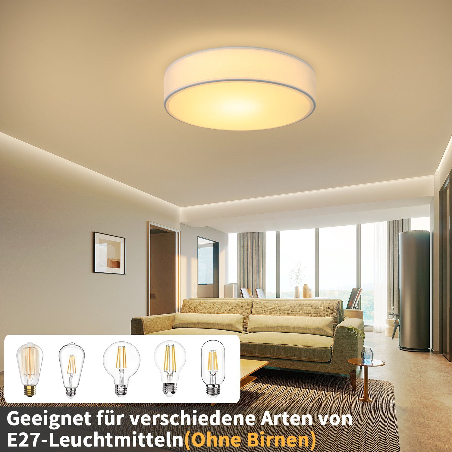 ZMH ohne runde Deckenlampe E27, Deckenleuchte Ø30CM Weiß Deckenlampe, Leuchtmittel, Stoffschirm 1-Flammig mit