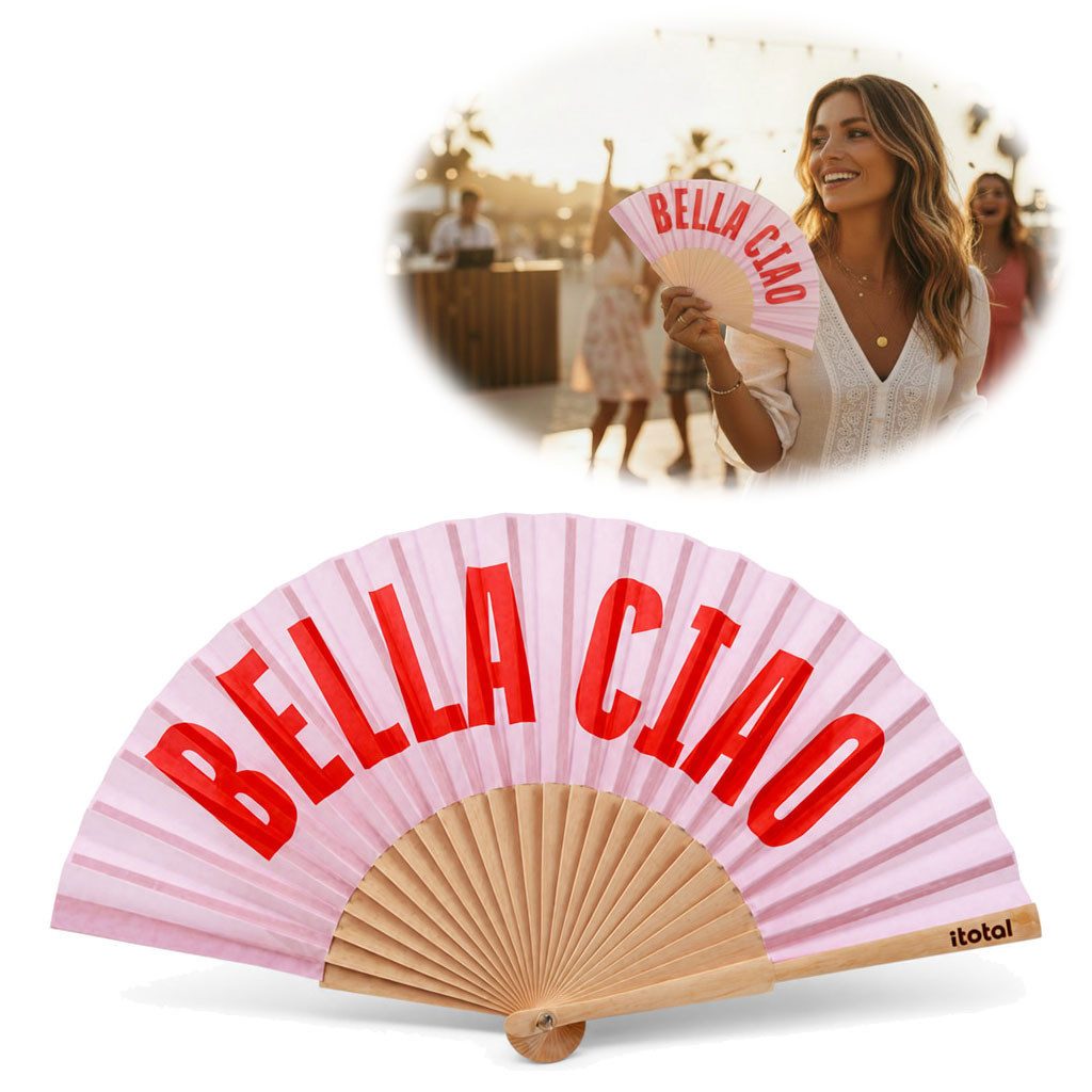 LS-LebenStil Handfächer Holz Stoff Fächer "Bella Ciao" Rosa Rot faltbar Faltfächer, (hochwertig aus Holz mit Stoff und coolem lustigem Spruch, 1-tlg., Styliche Abkühlung), für Geburtstag, Hochzeit, Party oder als Wand Dekoration