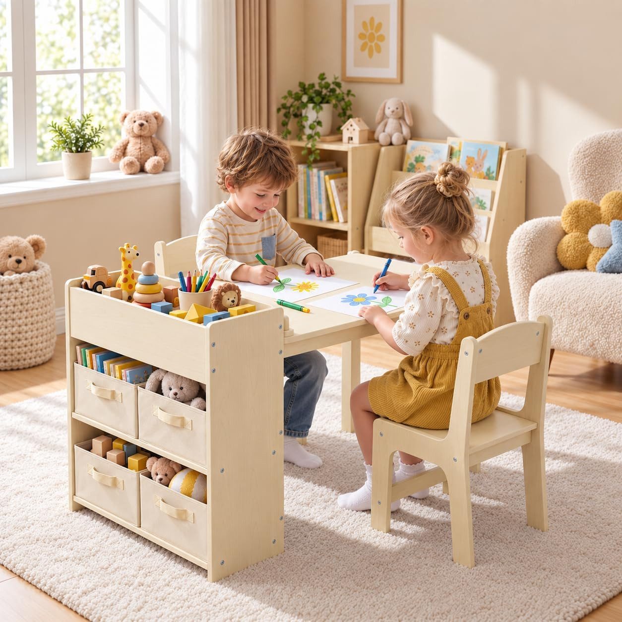 TLGREEN Kindertisch Kindermaltisch mit 2 Stühlen (Maltisch Schreibtisch mit Papierrolle und 4 Aufbewahrungskiste, Zeichentisch 100kg Belastbarkeit für Malen/Lernen), Maltisch Kindersitzgruppe mit Stauraum
