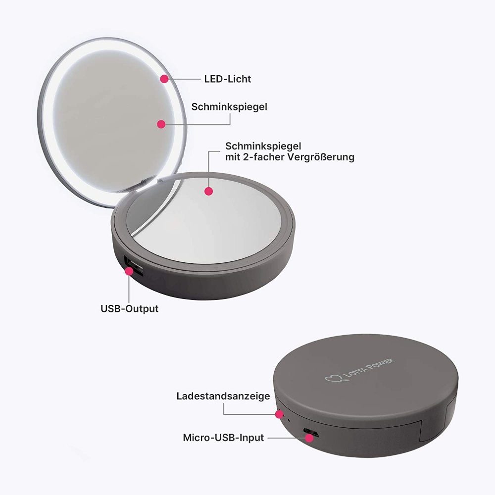Lotta Power Makeup Mirror Power - Zusatzakku mit Schminkspiegel - space grey Powerbank – Bild 2 von 4