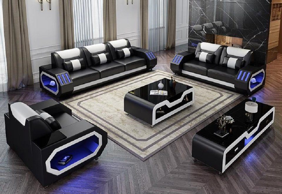 Sofa 3+1+1 Schwarz/Weiß in Designer Couchen Couch Sofa Beleuchtete Neu, Europe JVmoebel Garnitur Made Ledersofa