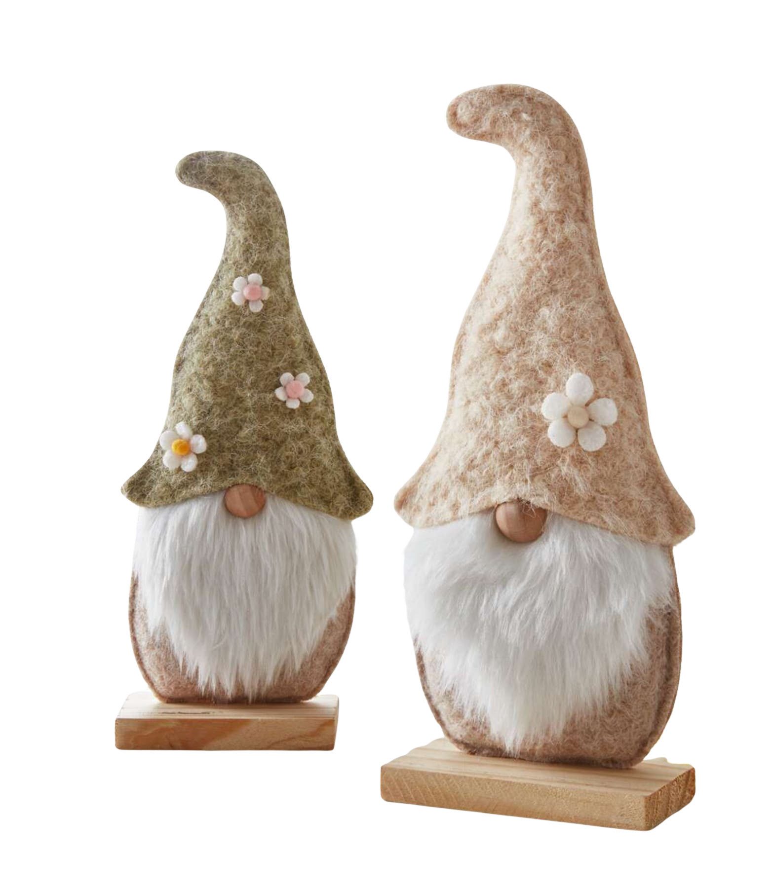 Dekoleidenschaft Wichtel "Blumenmütze" aus Filz 28 + 30 cm hoch, Holz Sockel, Dekofiguren (2 St., im Set), Dekowichtel aus recyceltem PET für Wohnzimmer
