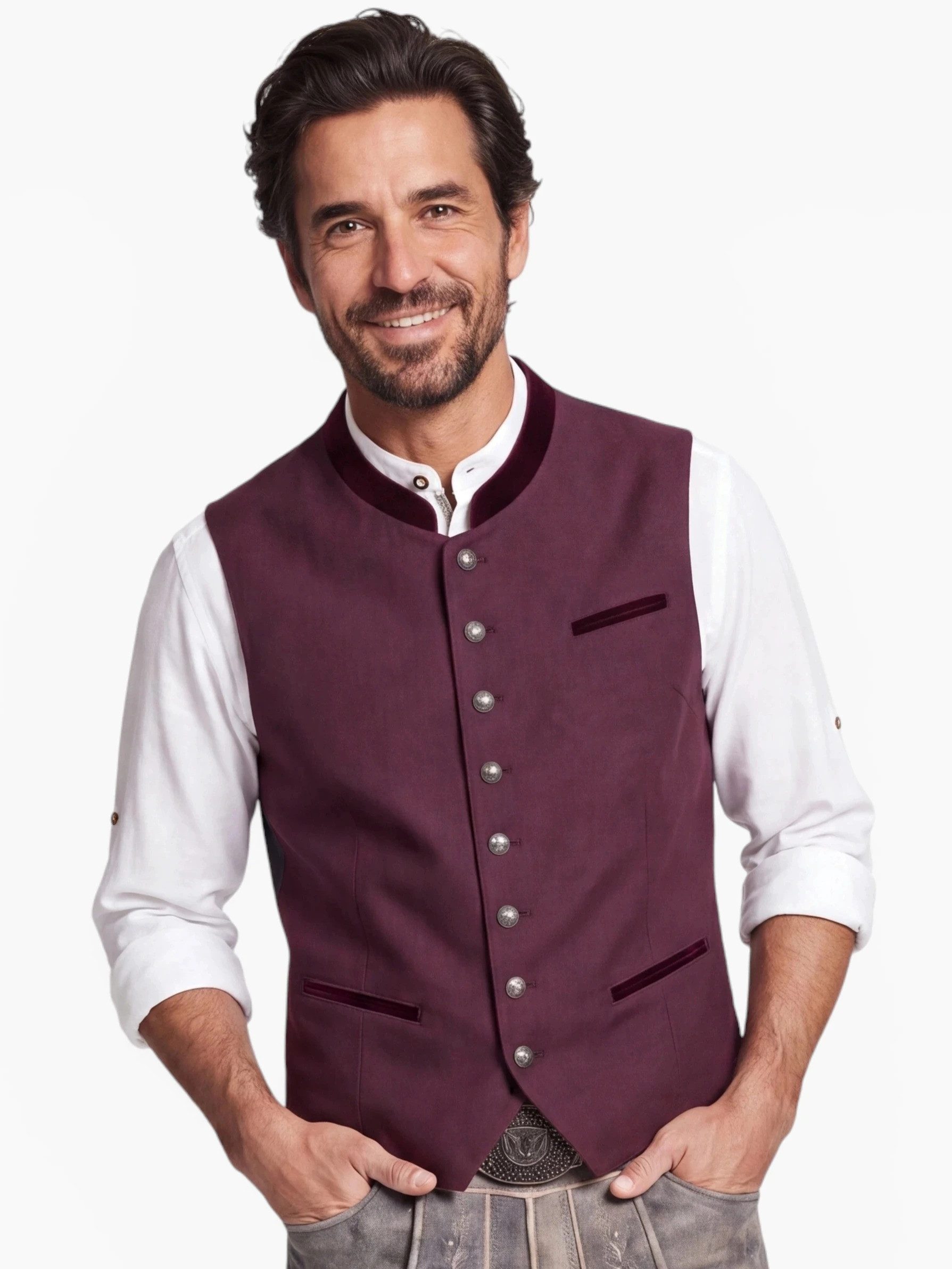 Moschen-Bayern Trachtenweste Kuno Stretch Herren Gilet mit Samtbesatz – Bordeaux