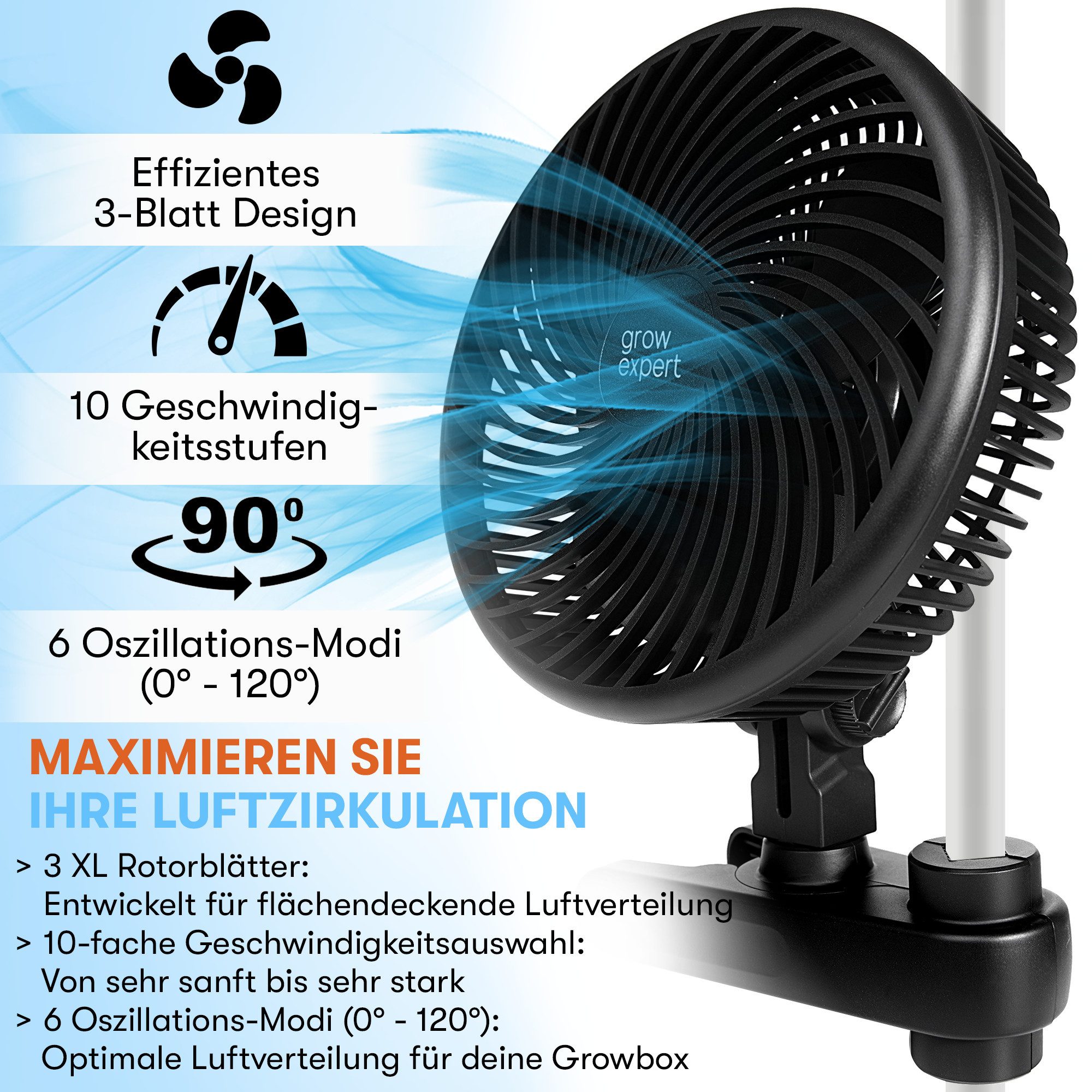 Grow Expert Wandventilator Oszillierender Grow Clip Ventilator - Umluftvent günstig online kaufen