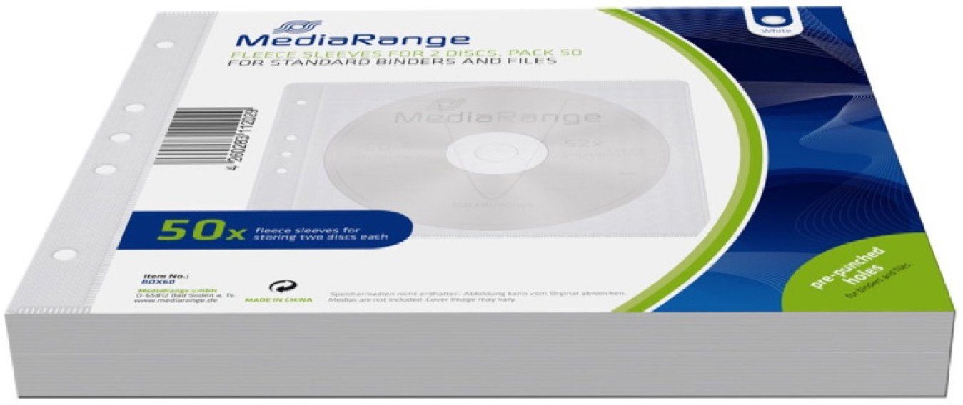 Mediarange CD-Hülle 50 Vliestaschen gelocht Ringordner für je 2 BD / CD / DVD weiß