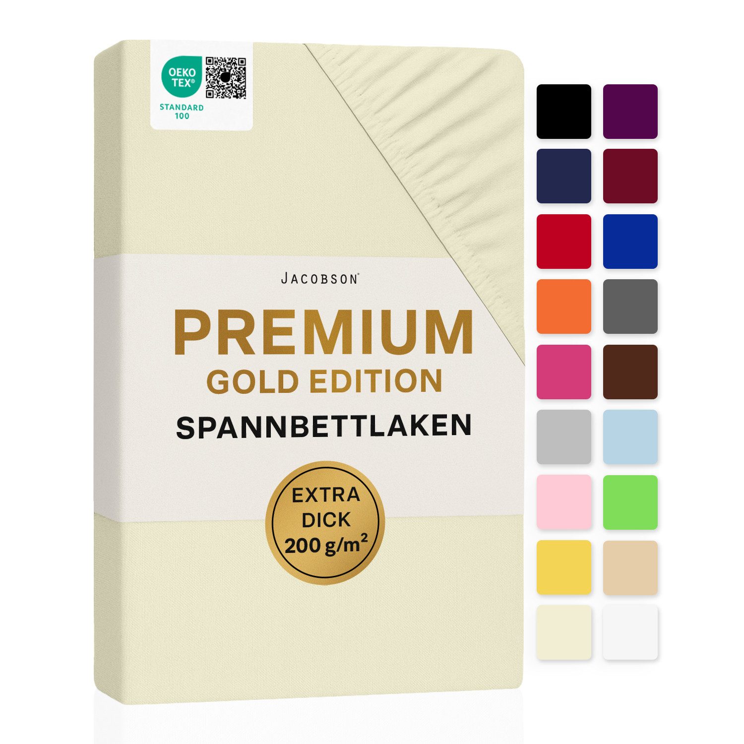 Jacobson Spannbettlaken PREMIUM 200 g/m² Jersey aus 97% Baumwolle & 3% Elasthan, Extra dichtes Bettlaken mit maximalem Halt