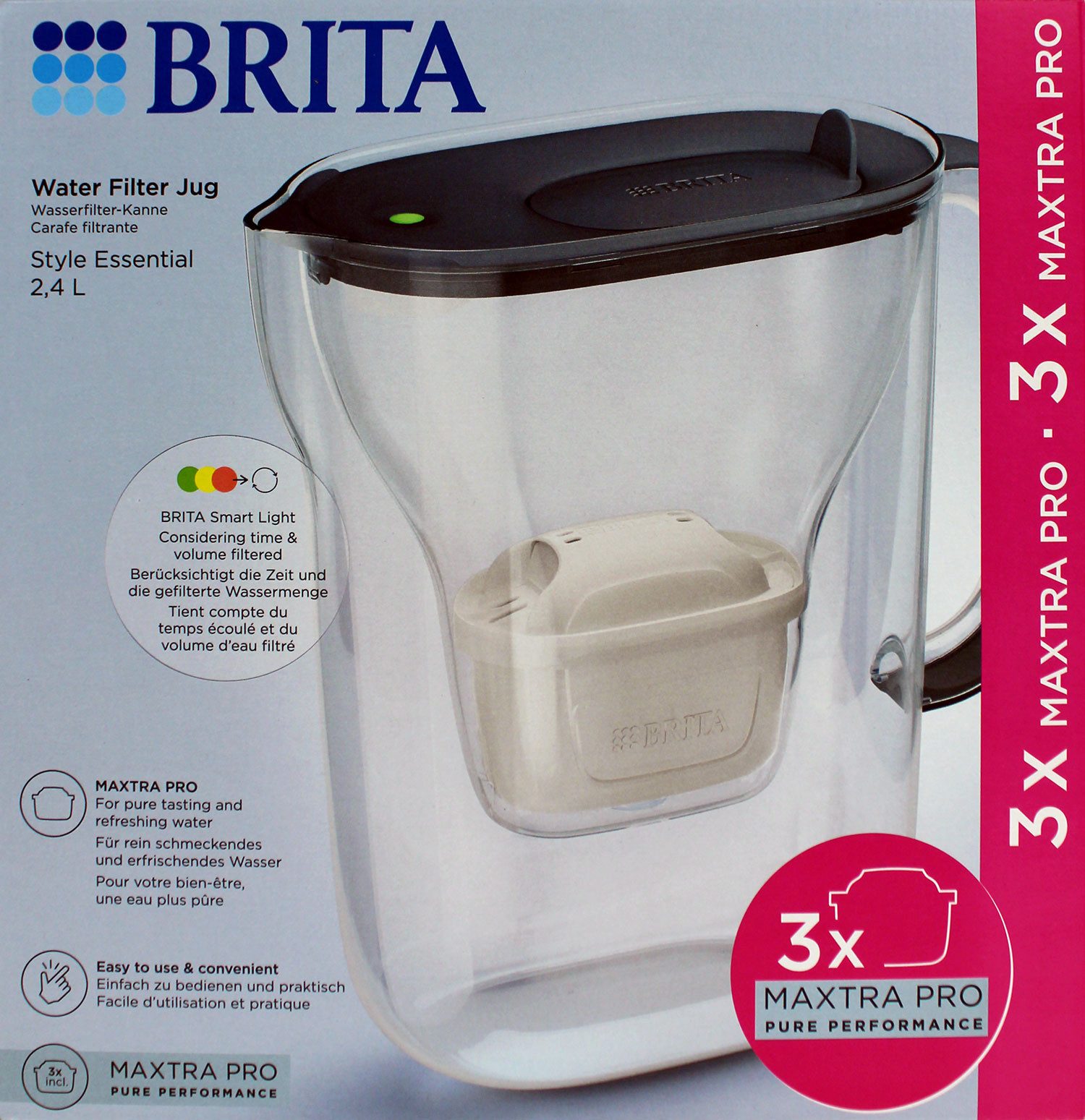 BRITA Wasserfilter Style Essential Wasserfilter 2,4L graublau + 3x Maxtra Pro Kartuschen