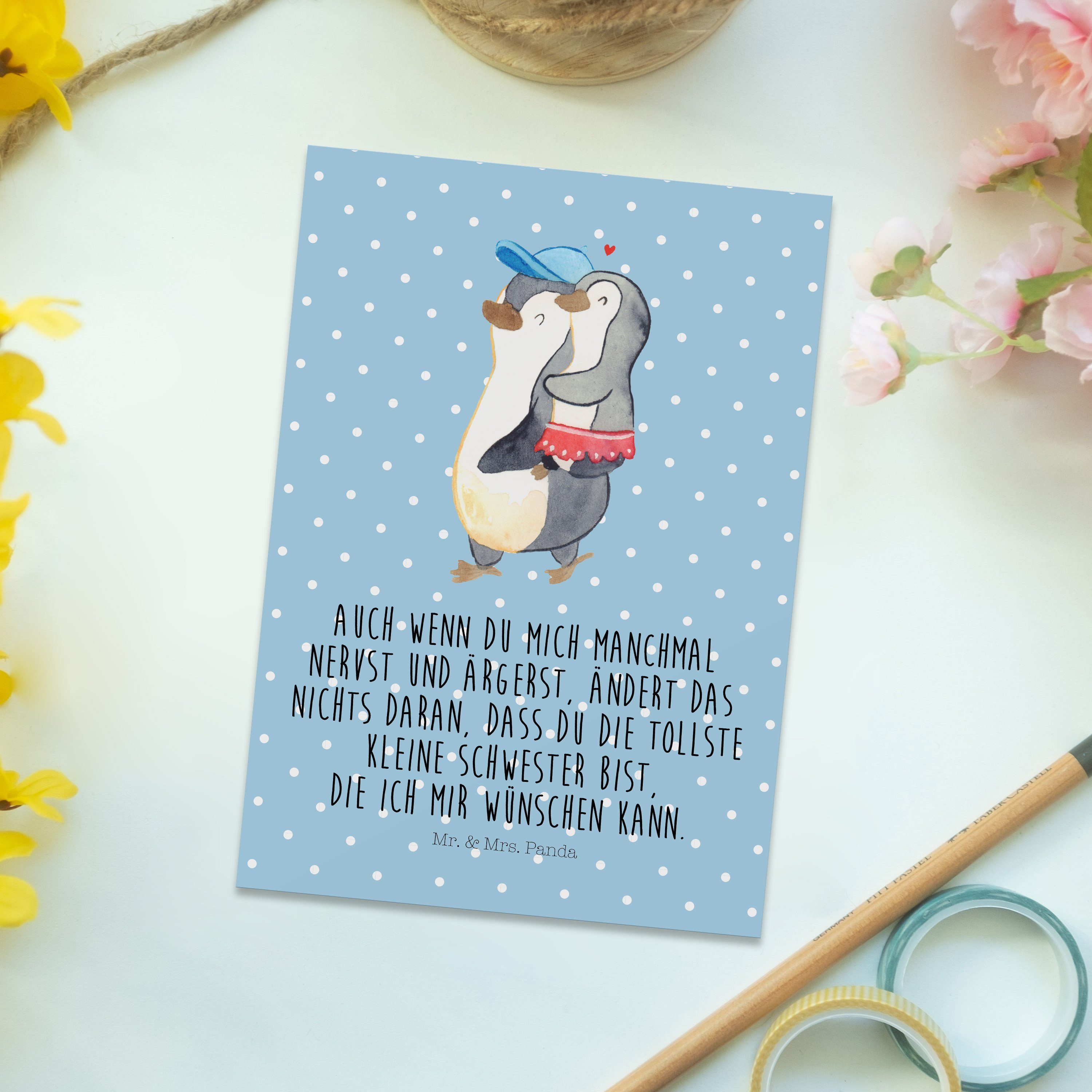 Mr. & Mrs. Geschenk, - Schwester Blau Panda Dankeskarte, Postkarte Kleine Pastell - Pinguin Gesc