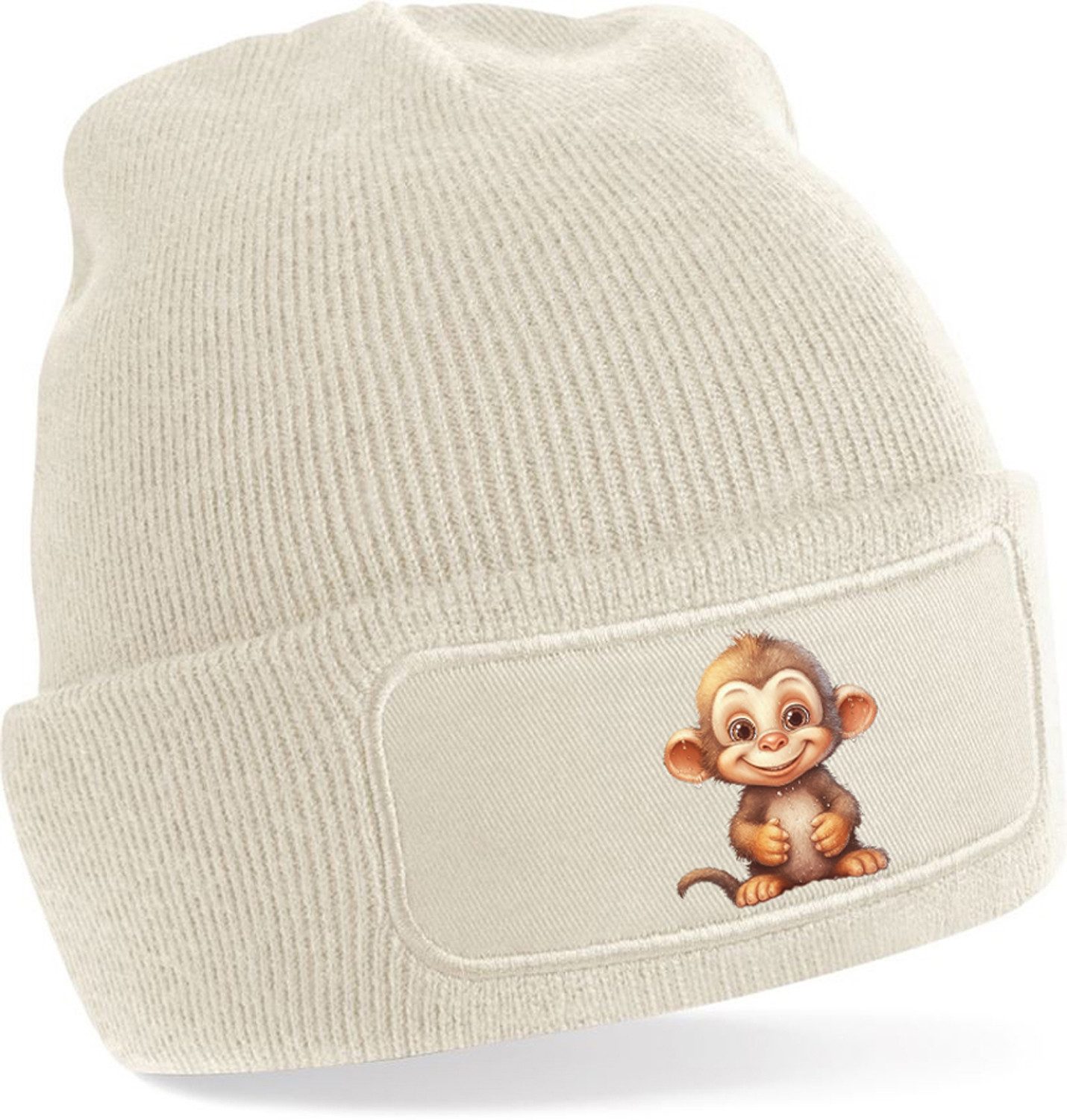 Strickmütze für kalte Tage - Beanie mit Umschlag und Affen Print
