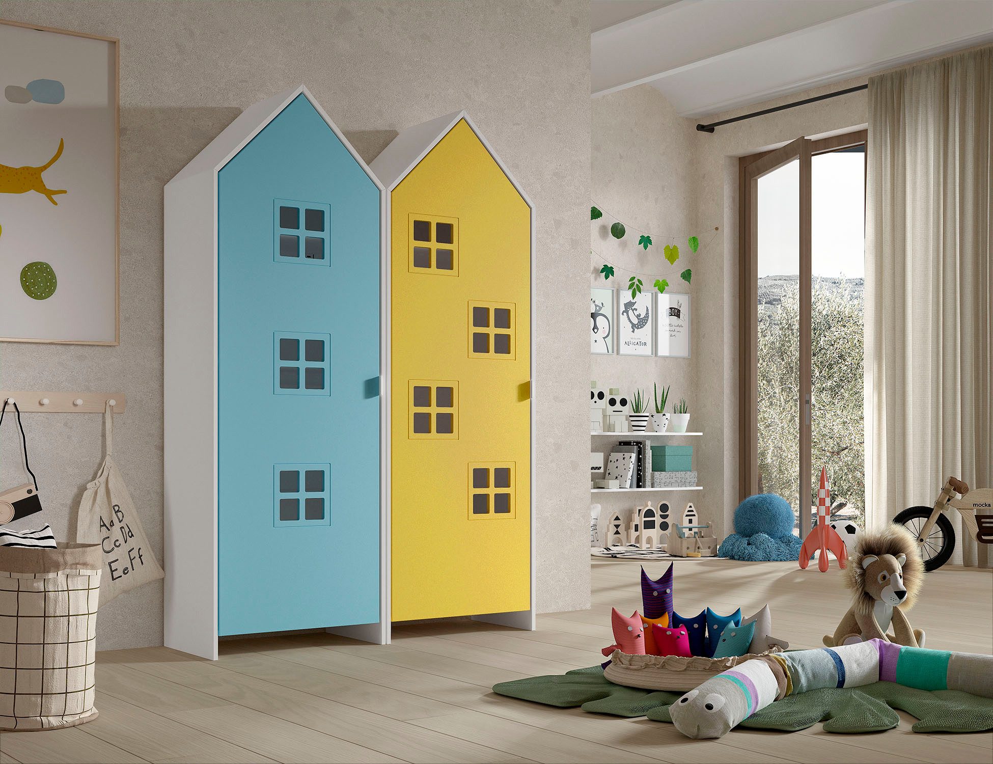 Vipack Kleiderschrank Set Casami Bruges in trendigem Design, 2 Kleiderschränke (2-St., Schranktüren in verschiedenen Farbkombinationen und Fensteranordnungen) variable Anordnung, Kleiderschränke mit Böden und Kleiderstange