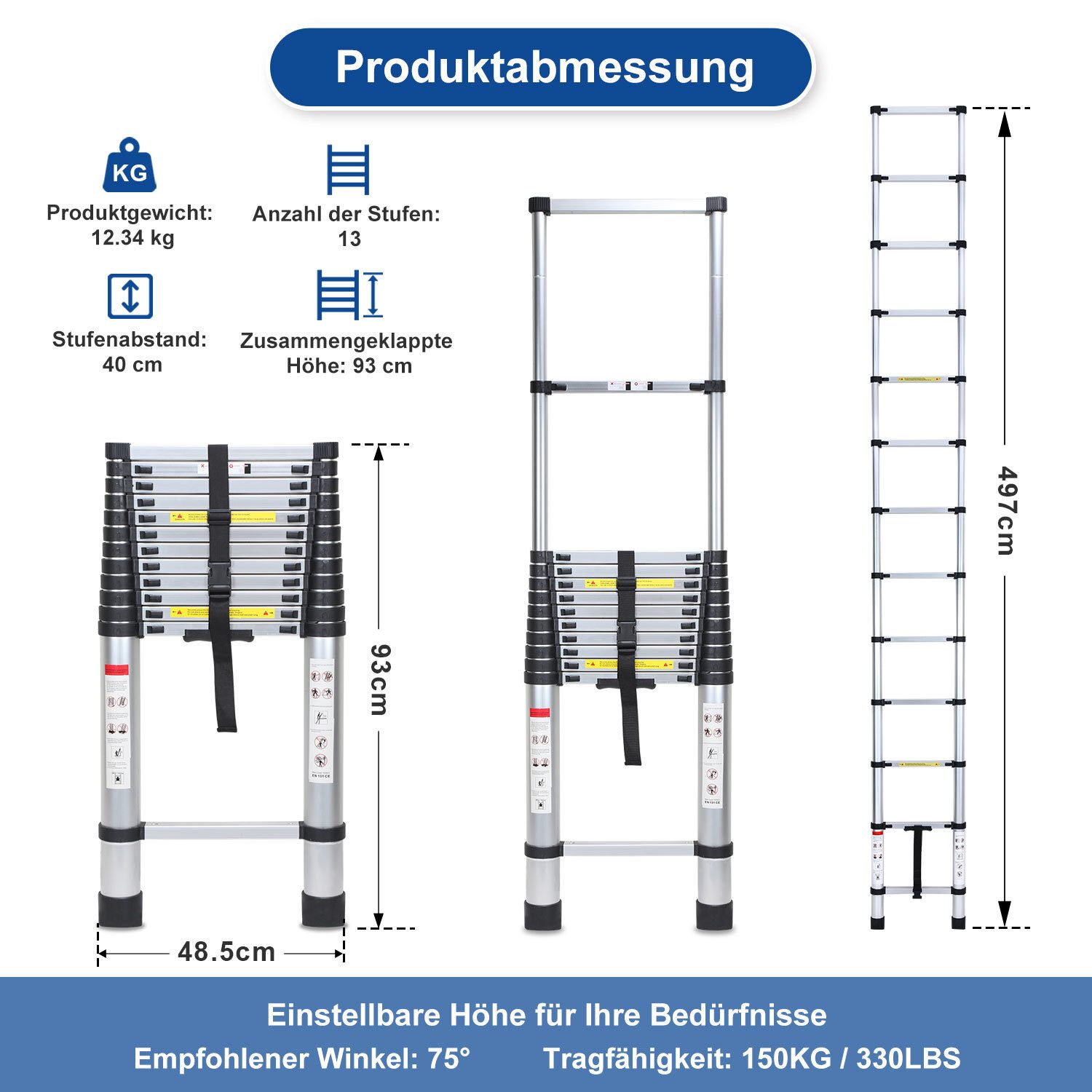 Clanmacy Professional 5M Aluminum Telescopic Ladder, 150kg Load Capacity, Multi-Purpose Ladder (Telescopic Ladder, Extension Ladder, Folding Ladder, Sliding Ladder, Heavy-Duty Telescopic Ladder, High-Quality Aluminum Material), Effortless Portability, Independent Locking Mechanism, Foolproof Operation