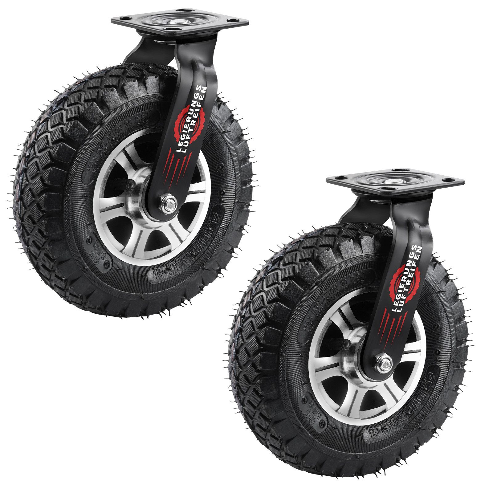 XERSEK Schwerlastrolle Luftreifen 250mm Luftrad Lenkrolle mit Alu-Halterung bis 170KG/Rad, (Set, Lenkrollen, Bremsrollen, starre Rollen, 360° Drehbar, Leise Langlebig), Für Möbel, Werkstatt, Transportwagen, Werkzeugkisten, Industrieeinsatz