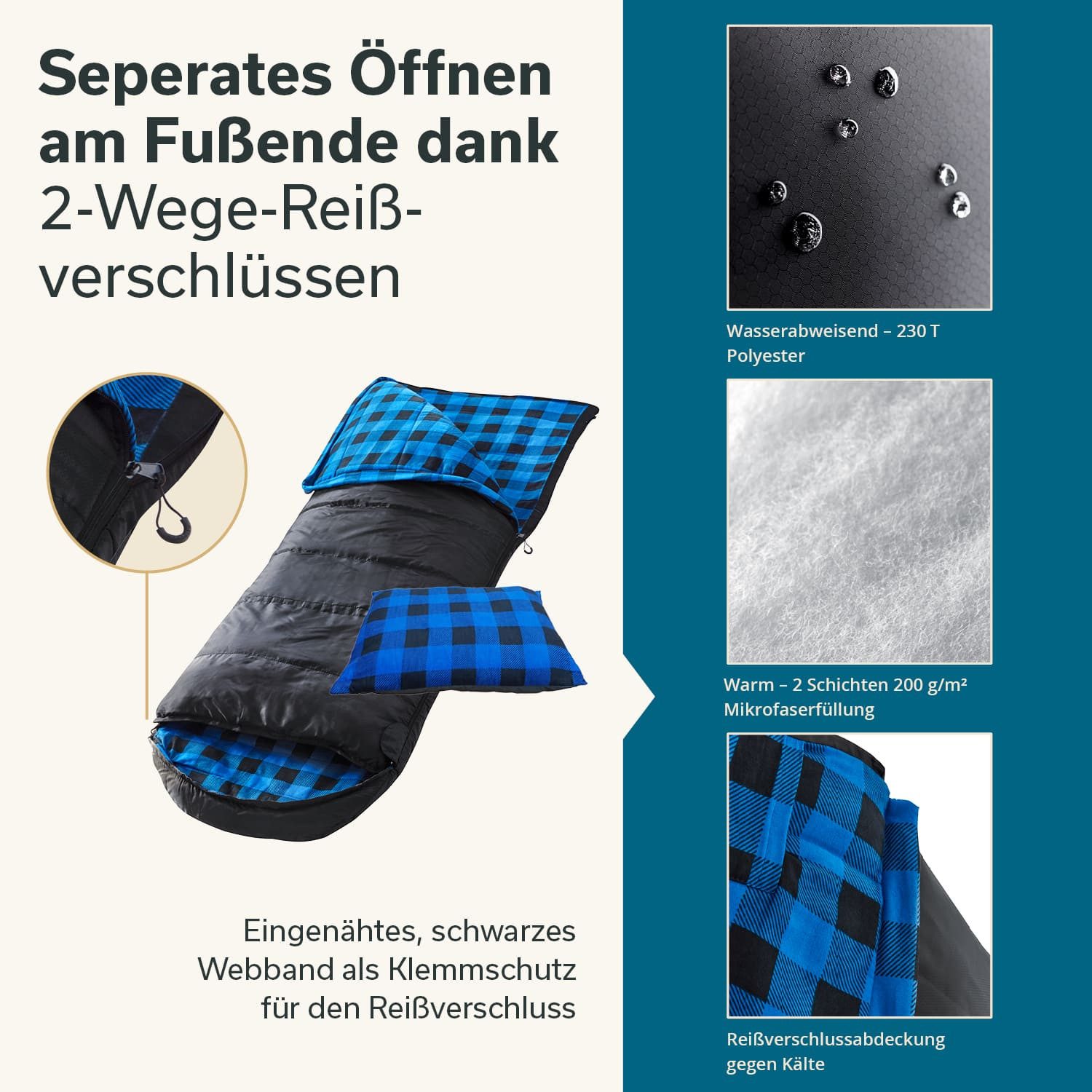 Skandika Schlafsack Dundee + Kopfkissen, 3 Jahreszeiten, bis -20°C - 220x80cm, Koppelbar (Innentasche mit Klett, Koppelbar, Kapuze/Kopfteil mit Kordel), Innenfutter aus Baumwolle/Flanell, Kompressionssack, Waschbar