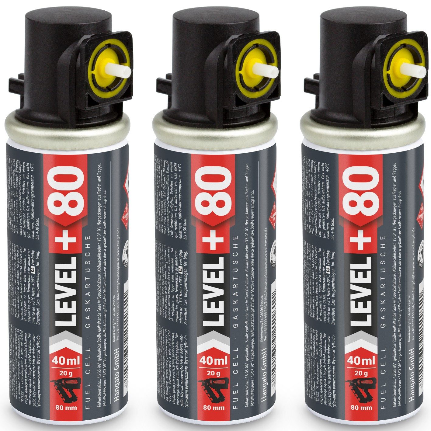 Level+ Gaskartusche LEVEL+ Gaskartusche 80mm 40ml Ersatzgas für Stiftnagler L+80 - 3 St.