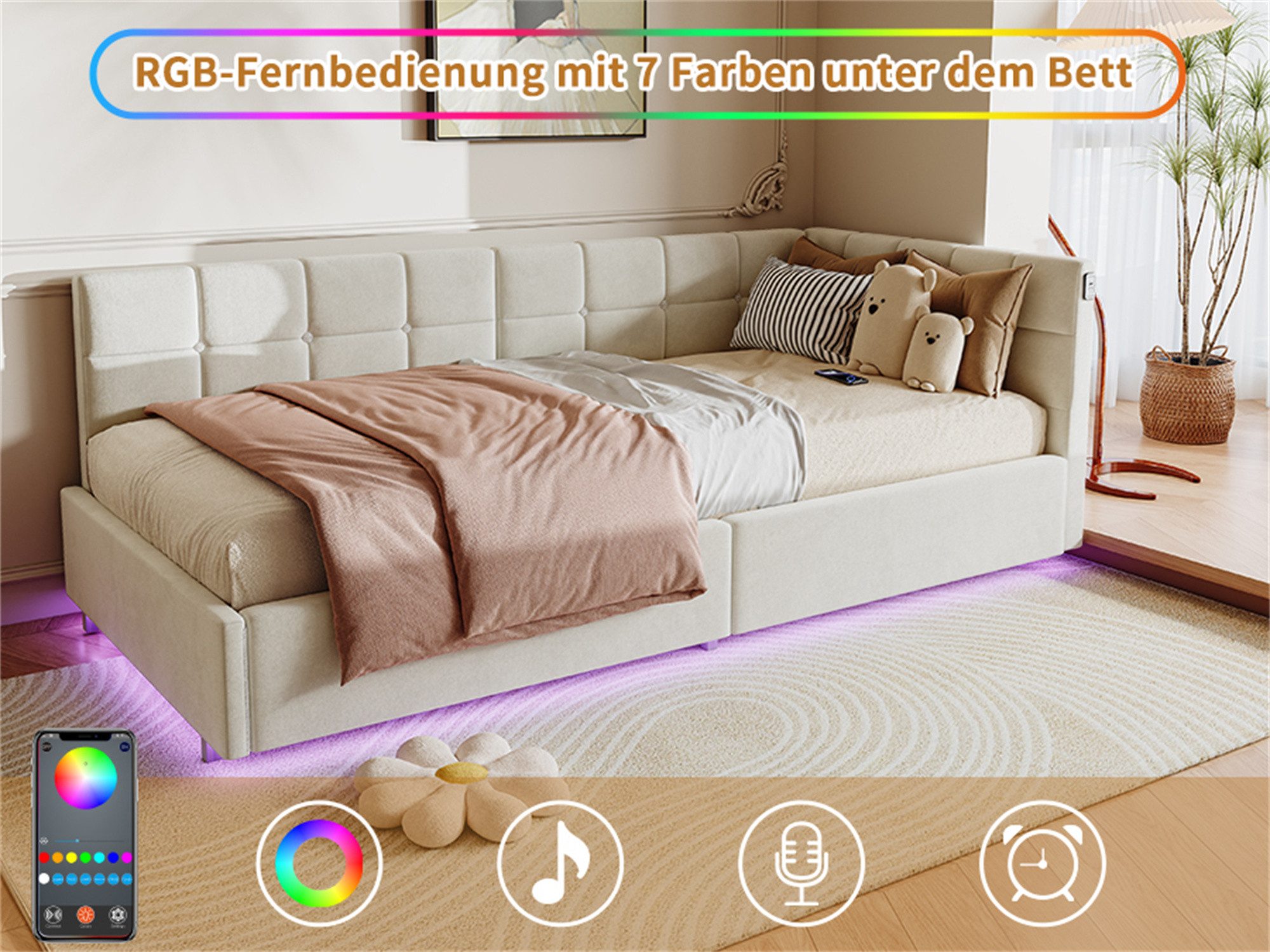 PXloue Polsterbett Daybett Tagesbett (Inklusive USB-Typ-C-Ladeanschluss), LED-Beleuchtung Einzelbett 90x200cm mit Ladefunktion