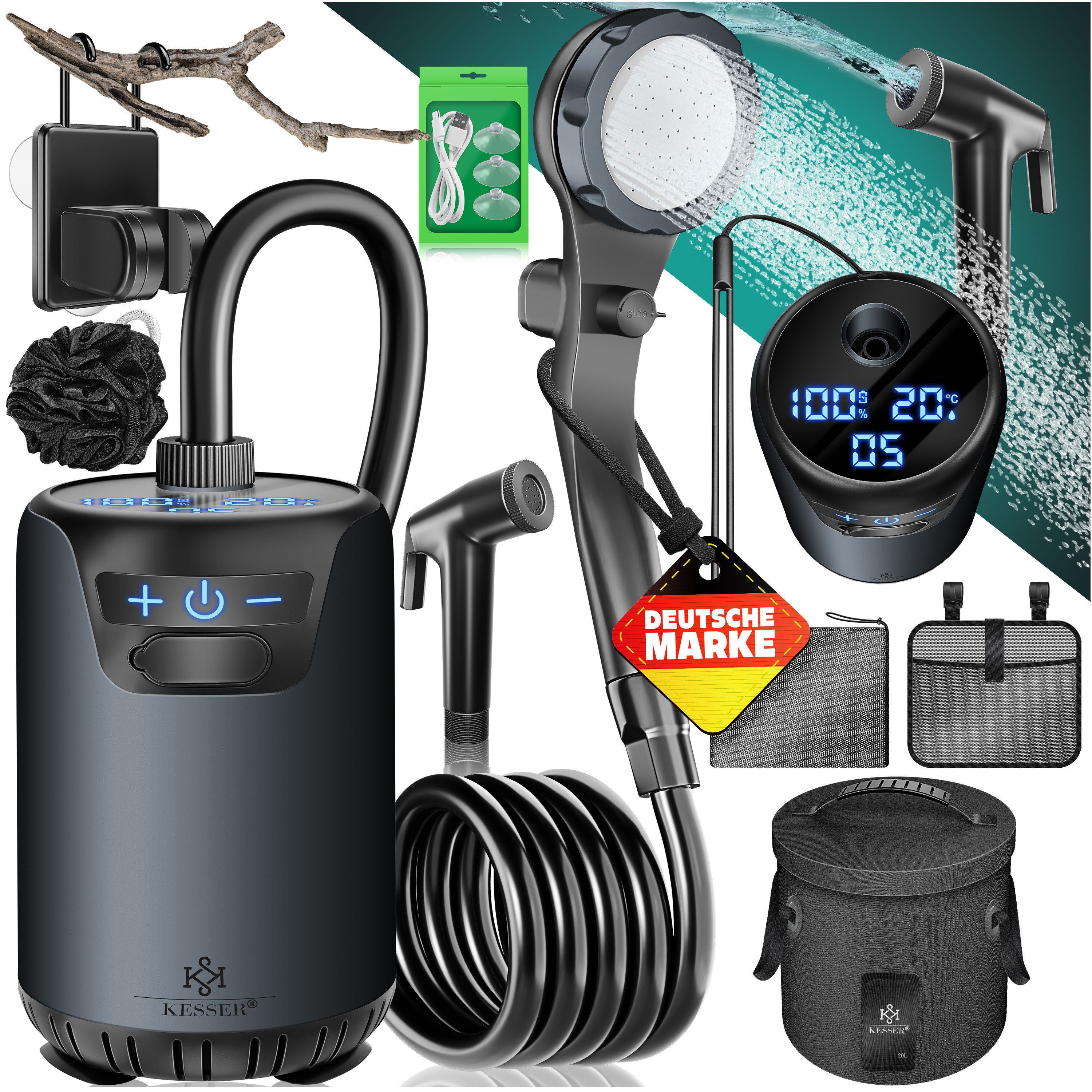 KESSER Gartendusche Campingdusche mit 20L Behälter, Pumpe & wiederaufladbarer Akku 4000mAh (Mobile Dusche inkl. Duschkopf, 2m Schlauch, Sprühpistole & Halterung), Outdoor Dusche