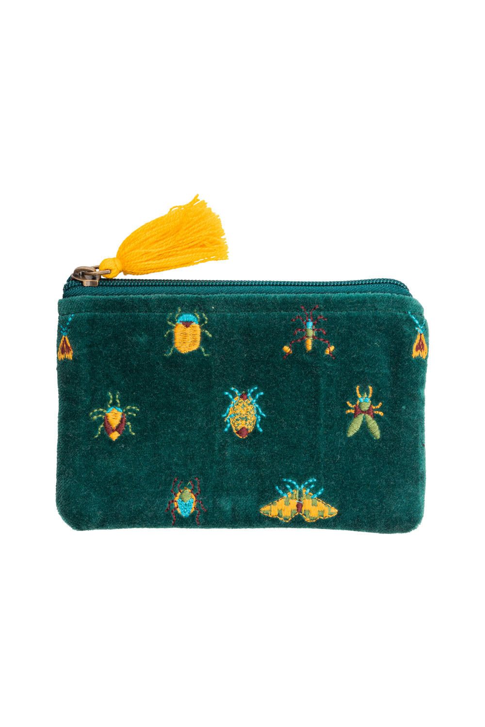 Tranquillo Aufbewahrungstasche aus Bio-Baumwolle VIBRANT BEETLES 16x10 cm grün mit Reißverschluss, Samttäschchen mit bunter Käfer-Stickerei, passt in jede Handtasche