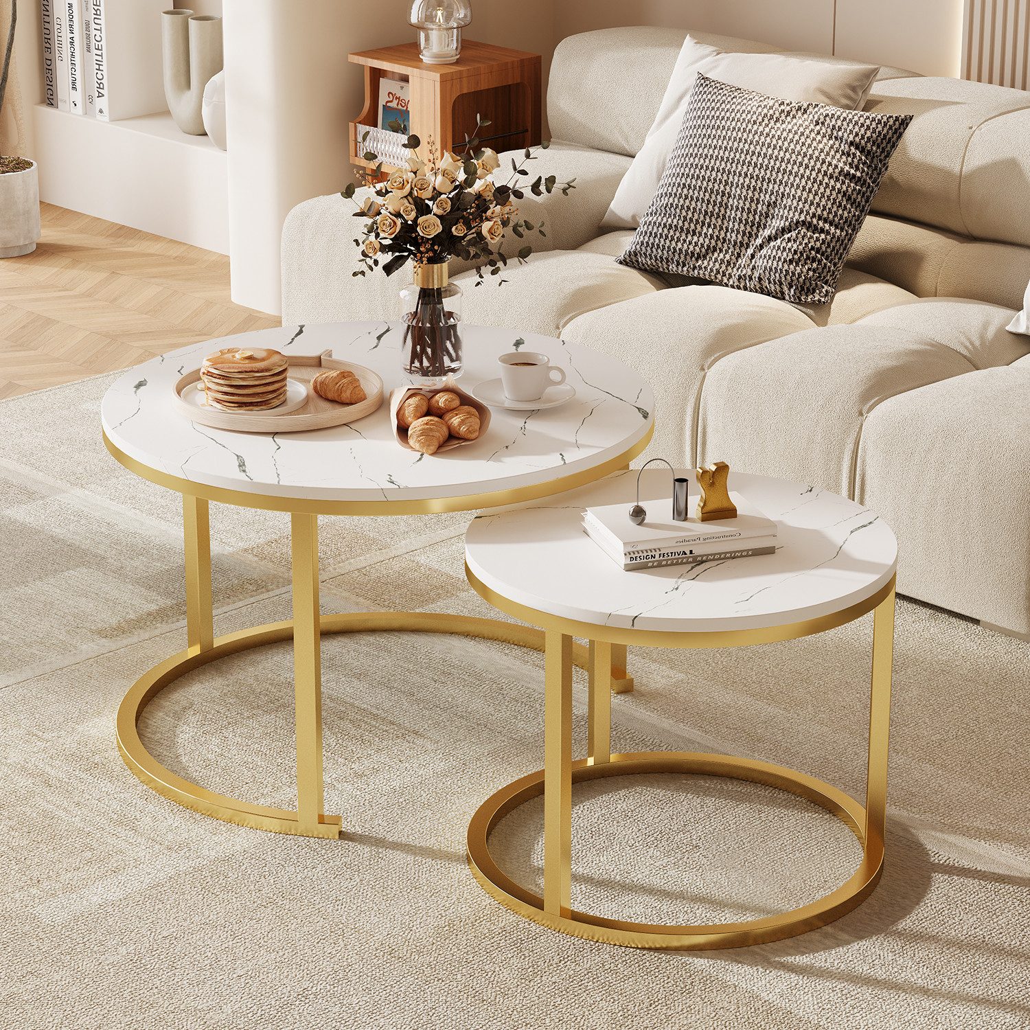 Hiazurm Couchtisch Couchtisch 2er Set mit Marmormuster, Kaffeetisch, Beiste günstig online kaufen