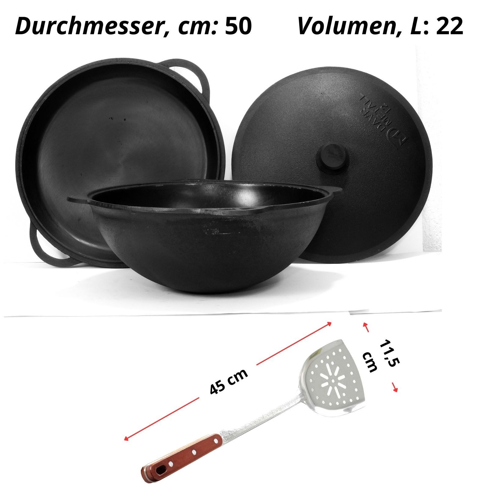 BIG-PAN Wok 22 L Kazan Deckelbratpfanne Deckel Pfannenschaufel, Gusseisen