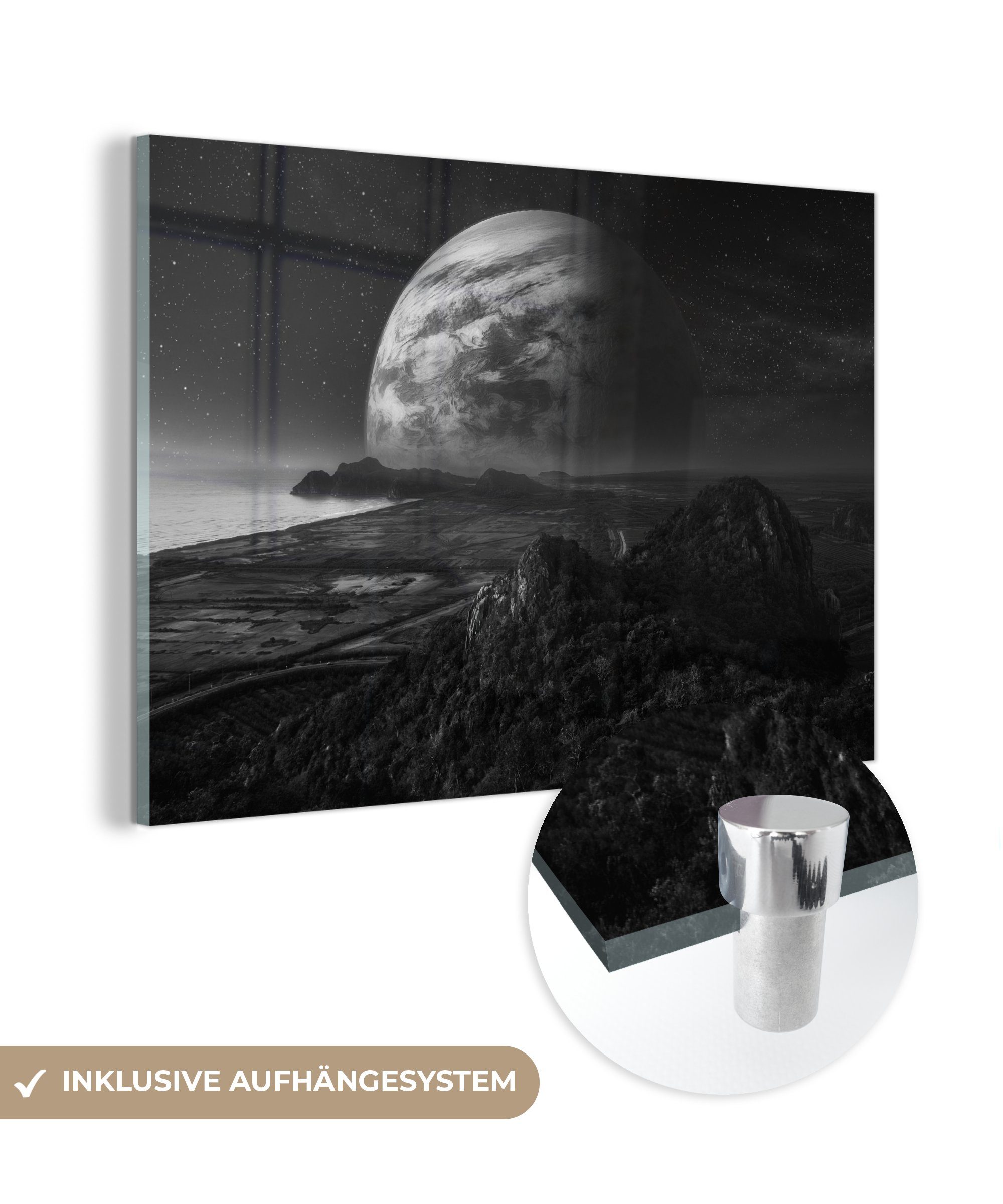 MuchoWow Acrylglasbild Planeten - Berge - Sterne, (1 St), Acrylglasbilder Wohnzimmer & Schlafzimmer