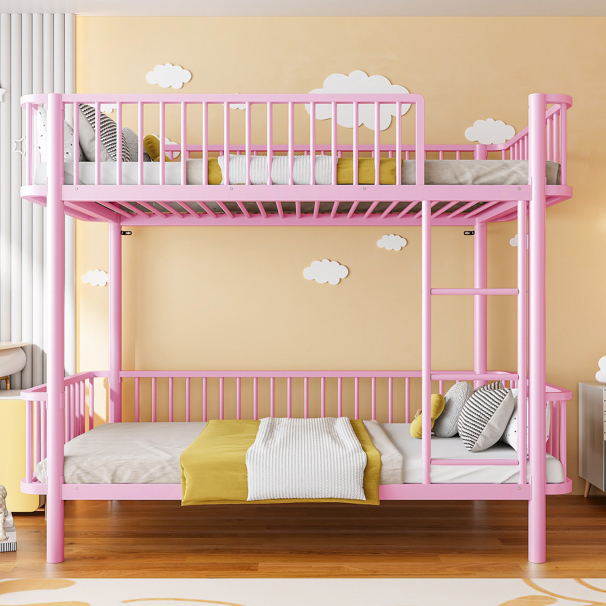 Flieks Etagenbett, Metall Kinderbett 90x200cm mit abgerundeten Ecken, Sicherheitsgeländer