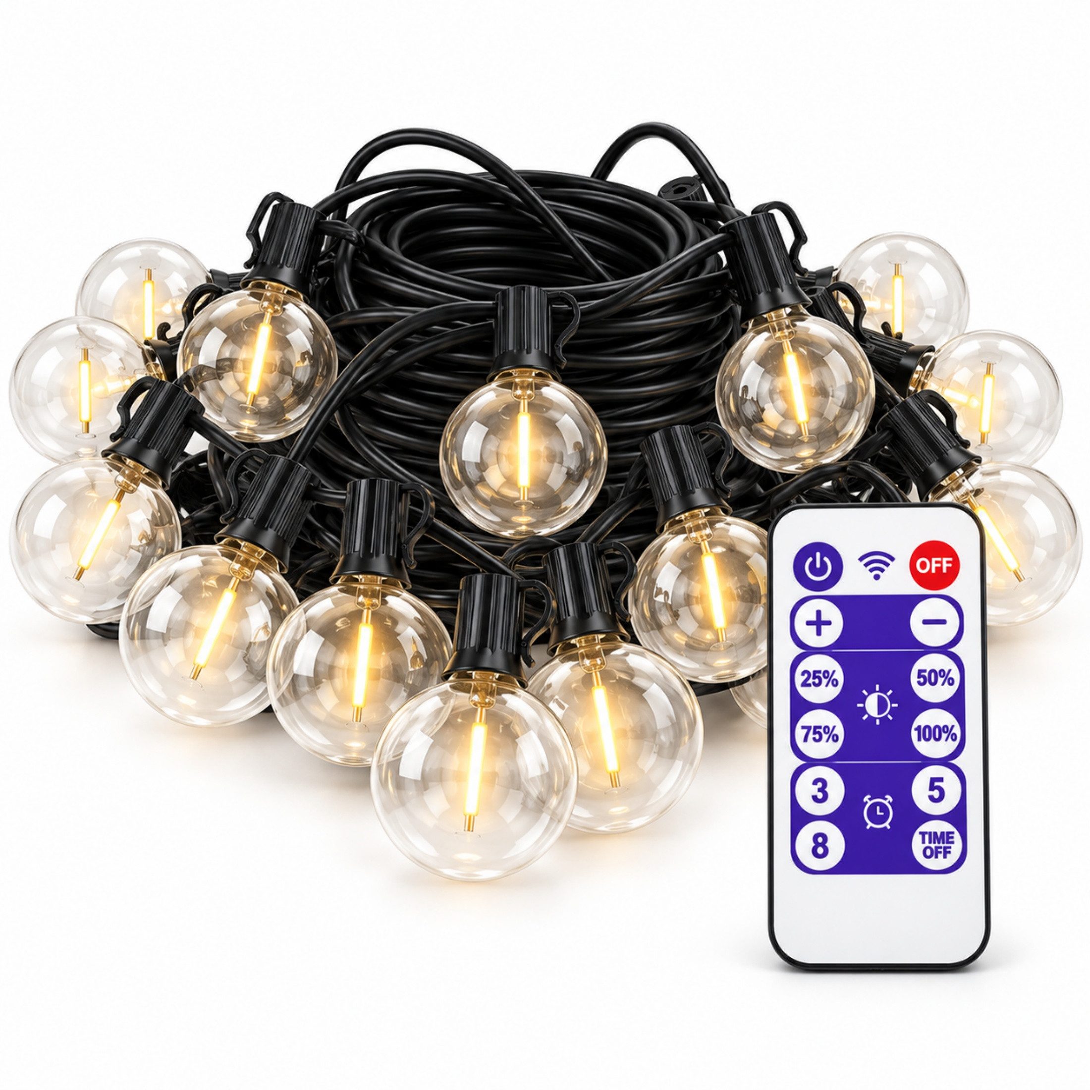 Blossom Lichterkette LED Lichterkette außen 30 m mit Fernbedienung, dimmbar und Timer, Außenlichterkette mit warmweißem Licht, transparenten Kugellampen IP44