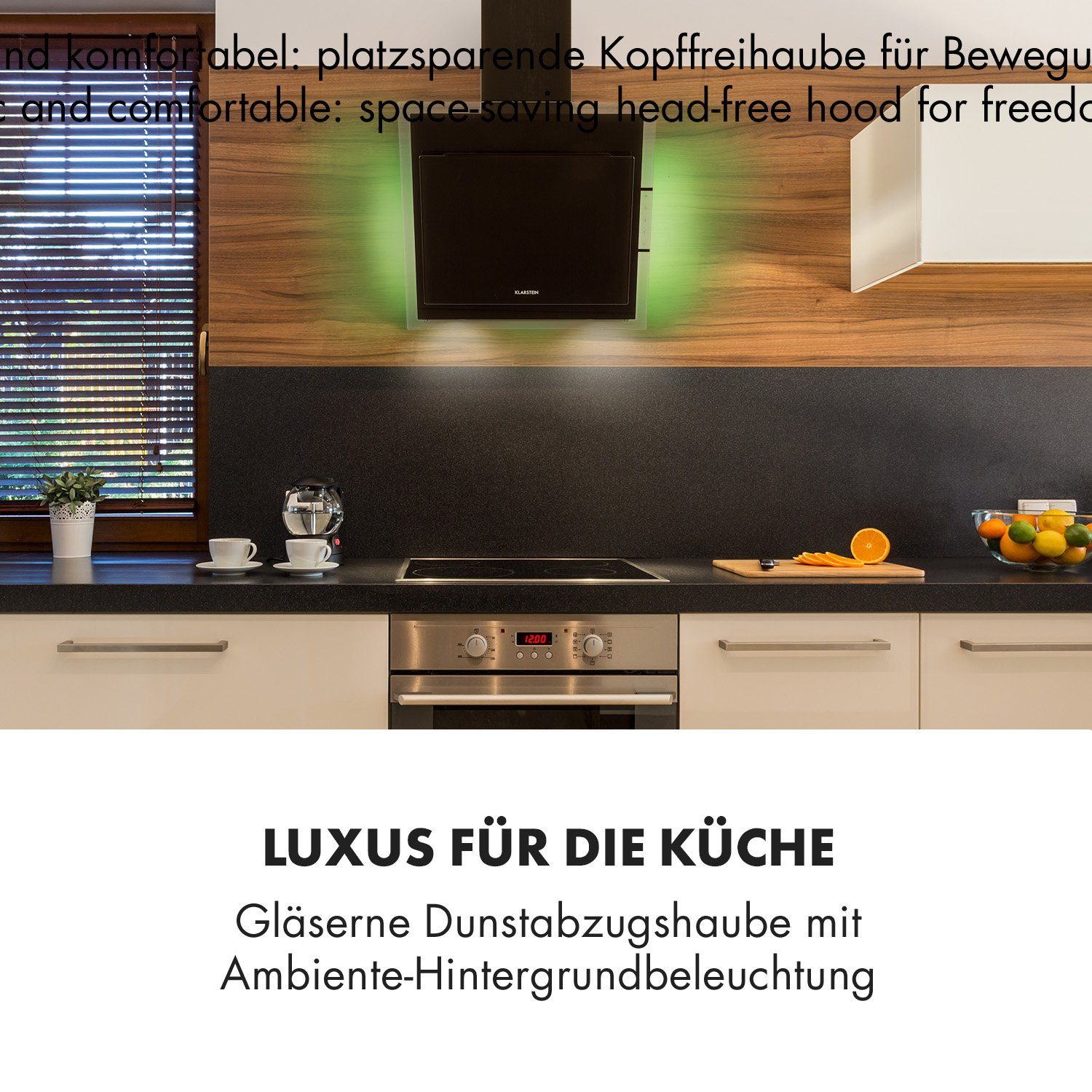Klarstein Deckenhaube Mirage 60 Mirage 60, Dunstabzugshaube 550m³/h Touch-Panel RGB-Ambiente-Licht Glas