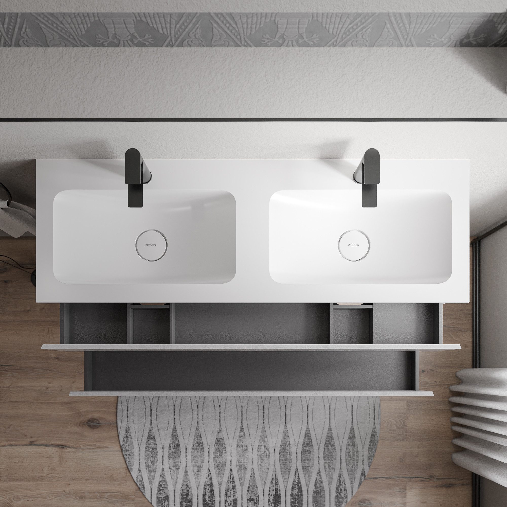 Bernstein Waschbeckenunterschrank AVA Beton 140cm Waschbecken Weiß matt mit Hahnloch Waschtischunterschrank mit Mineralguss-Doppelwaschbecken 2 Schubladen