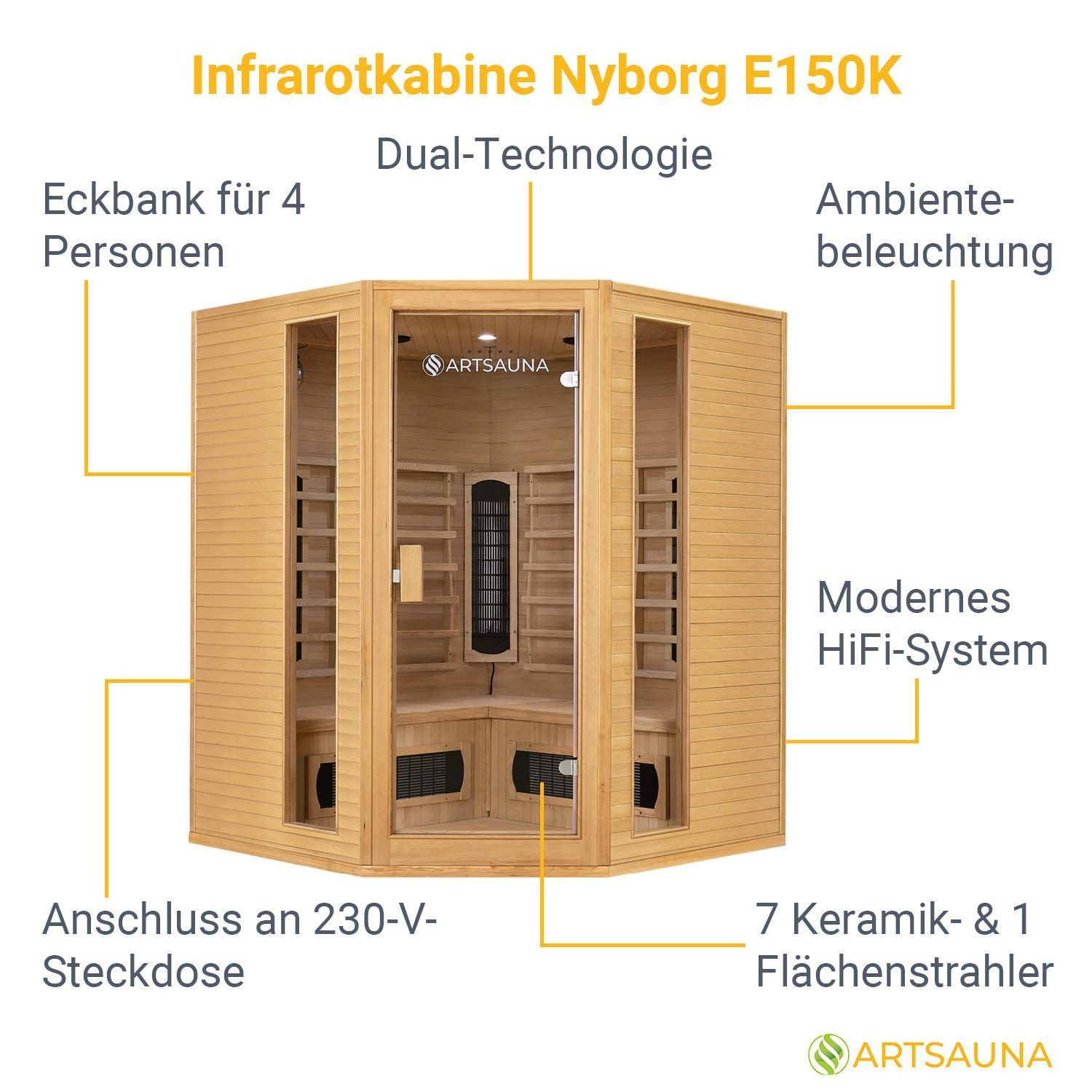Artsauna Infrarotkabine Nyborg E150K Dual Technologie, für 4 Personen, Hemlock-Holz, HiFi-System, Ionisator, LED-Farblicht