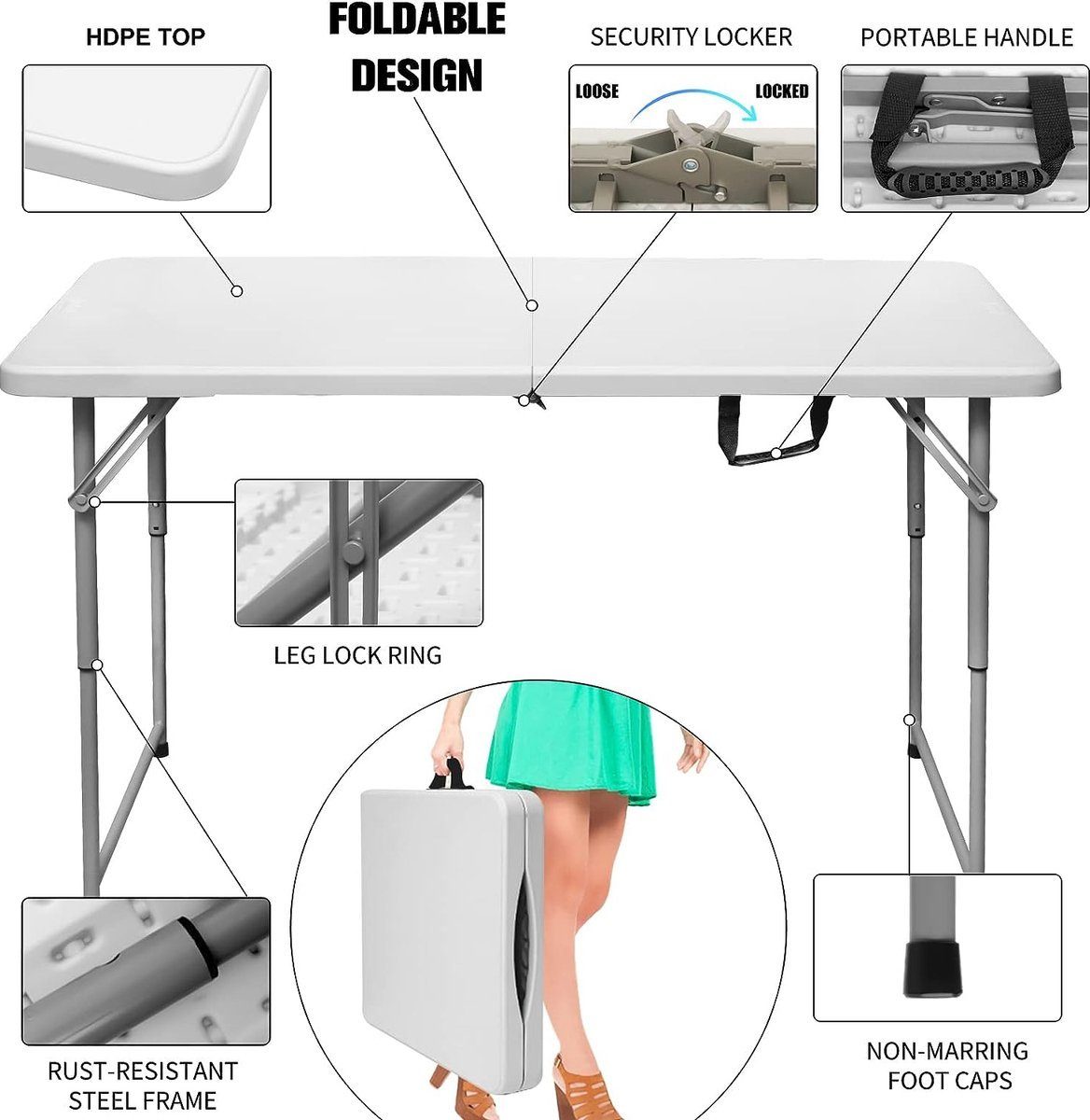 Tisch Klappbarer BOTC Weiß/Grau Klappbarer Klapptisch - Camping-Tisch Multifunktionstisch (Markttisch Tapeziertisch), Tisch - 120*60CM