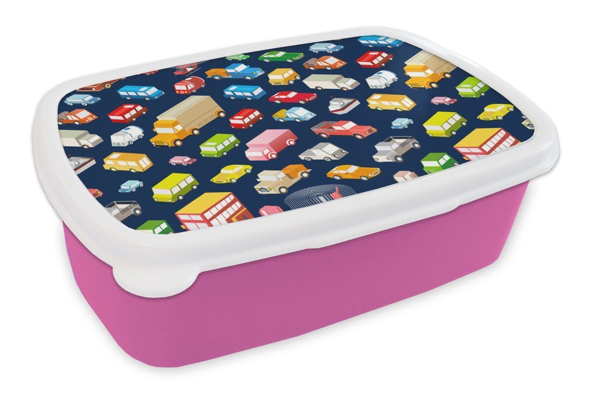 MuchoWow Lunchbox Muster - Auto - Verkehr, Kunststoff, (2-tlg), Brotbox für Erwachsene, Brotdose Kinder, Snackbox, Mädchen, Kunststoff rosa