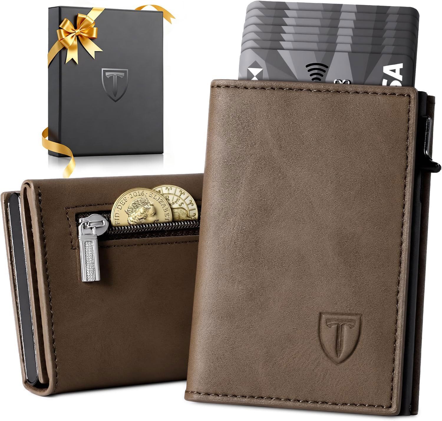 TEEHON Geldbörse Geldbeutel Herren, Slim Wallet RFID Schutz Leder Magnetisch (Portmonee Herren, Wallets for Men Kartenetui Klein, 8 Fächer), für Kreditkarten Münzfach, Ausweisfenster – Braun (Minimalistisch)