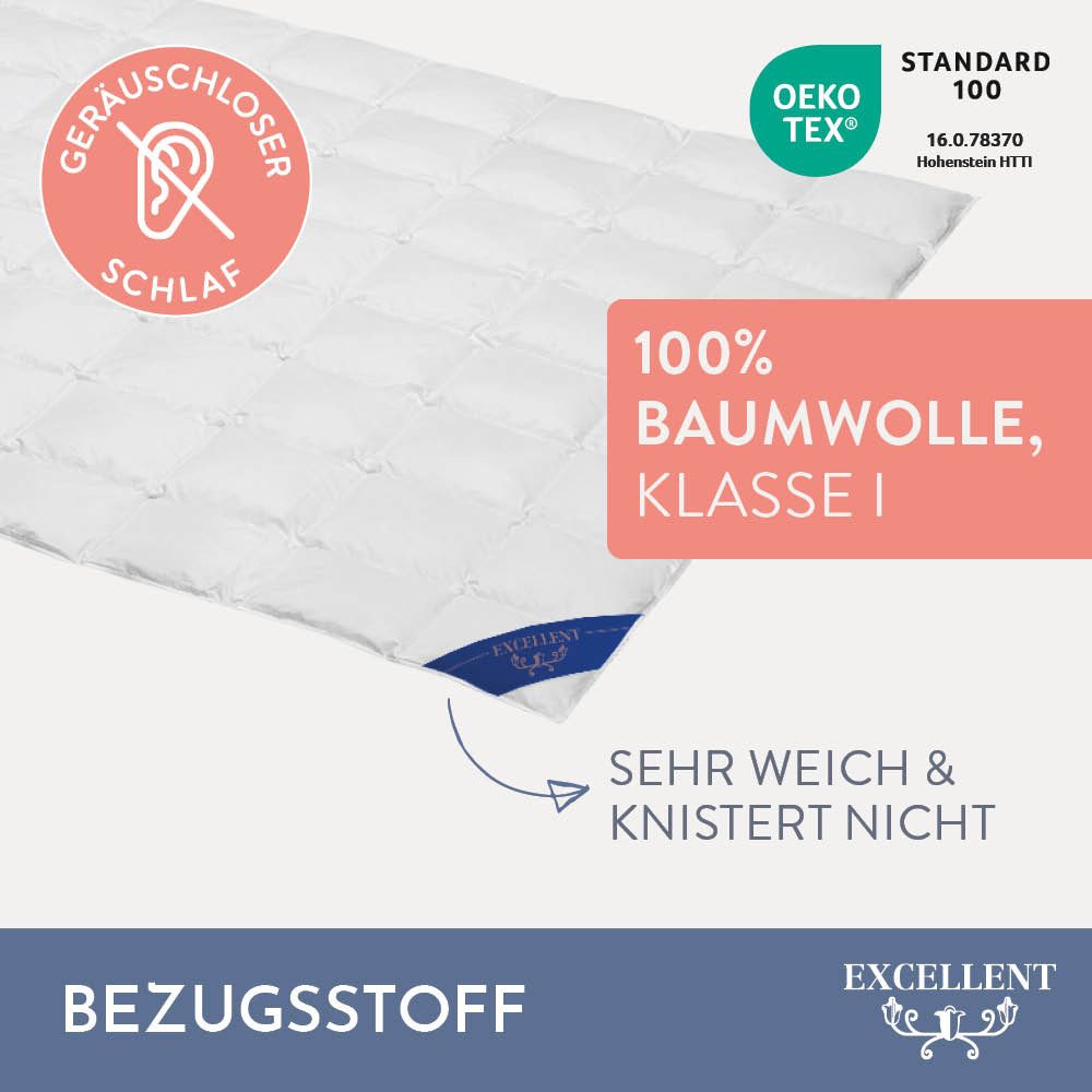 Excellent Daunenbettdecke Zürich, Bettdecke normal mit Bestnote "Hoher Schlafkomfort" bewertet., Füllung: 100% Daunen, Bezug: 100% Baumwolle, Bettdecke 135x200 cm, 155x220cm und weitere Größen, Made in Germany