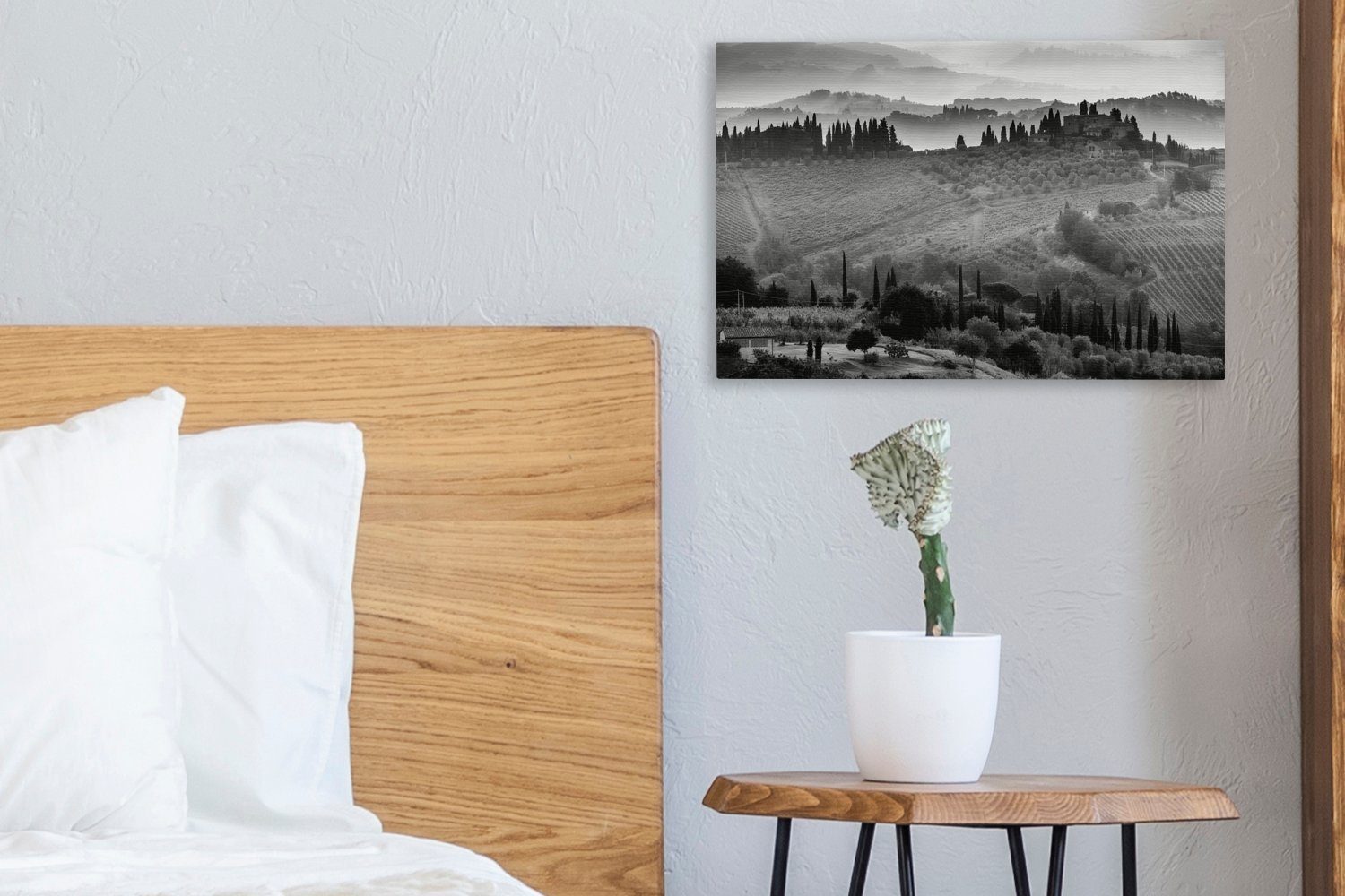 -, Wandbild Leinwandbilder, über Sonnenaufgang Nebel (1 ummauerten in cm Aufhängefertig, Leinwandbild Gimignano San 30x20 dem Italien St), OneMillionCanvasses® Wanddeko, bei
