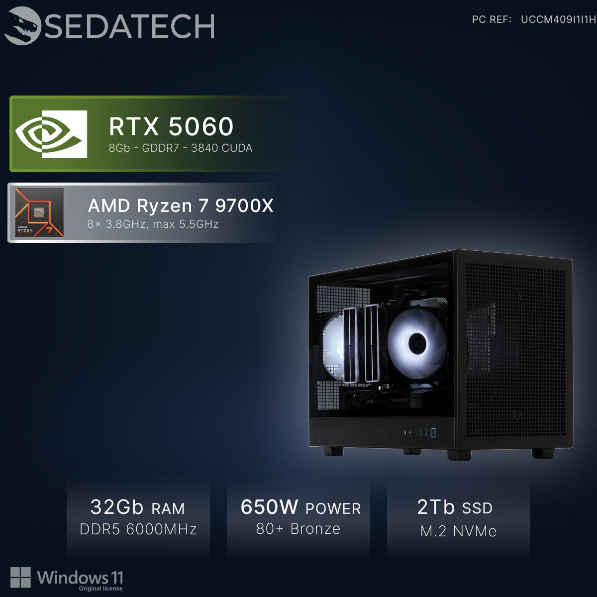 Sedatech UCCM409I1I1HF - Gaming Gaming-PC (AMD Ryzen 7 9700X 8x 3.8GHz (max 5.5GHz), Geforce RTX5060 8GB, 32 GB RAM, 2000 GB SSD, Wlan 6E)